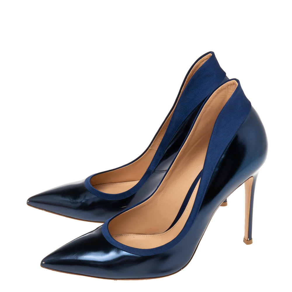 Gianvito Rossi Metallic Blue Patent And Satin Pointed Toe Pumps Size 41