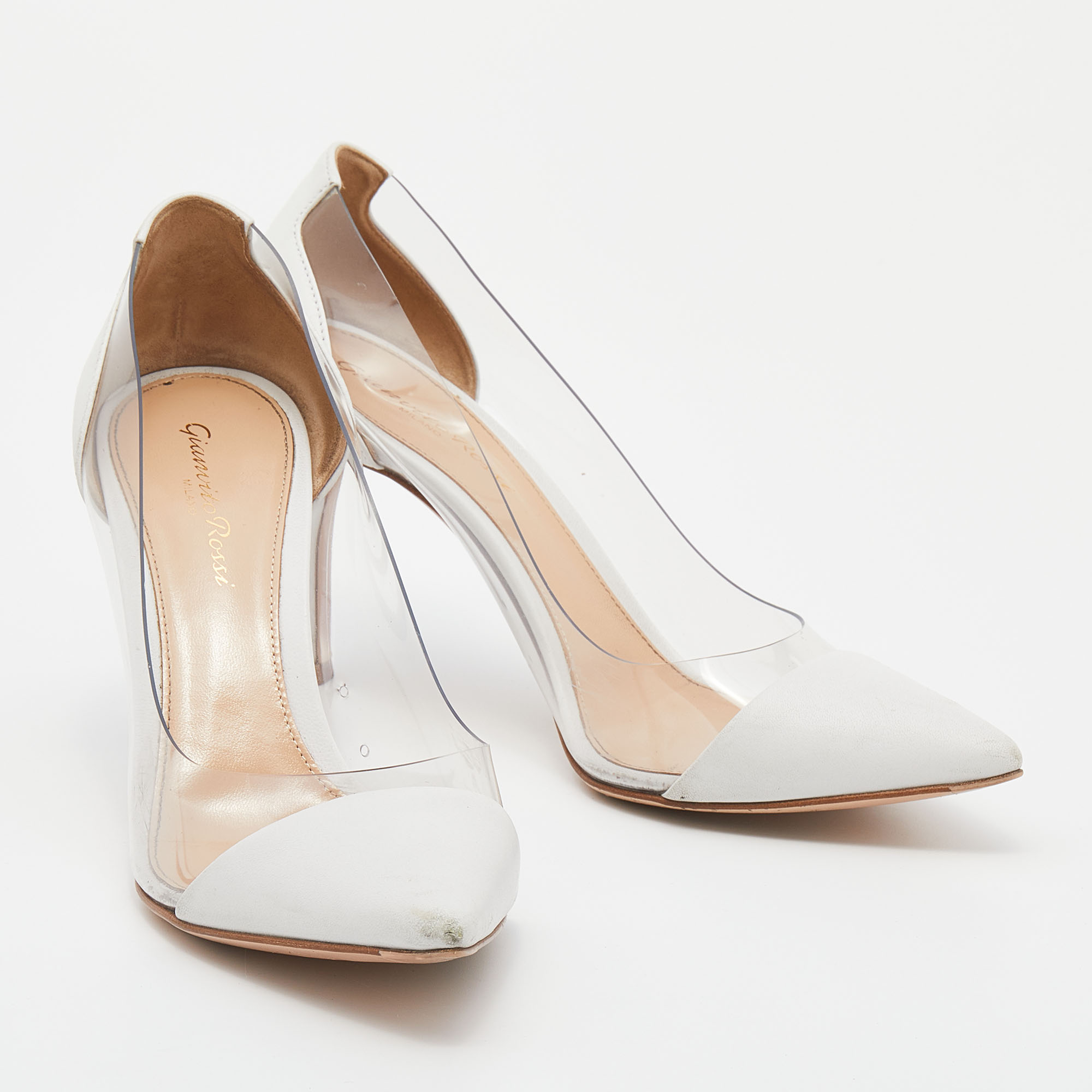 Gianvito Rossi White Leather And PVC Plexi Pointed Toe Pumps Size 37