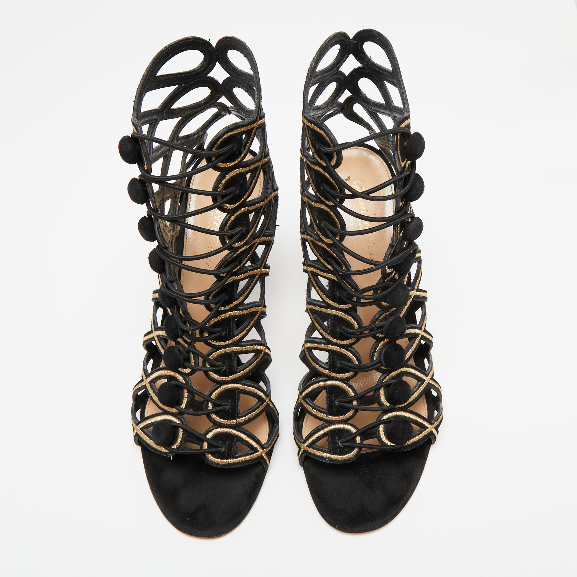 Gianvito Rossi Black/Gold Suede And Cutout Leather Lace Up Peep Toe Sandals Size 41