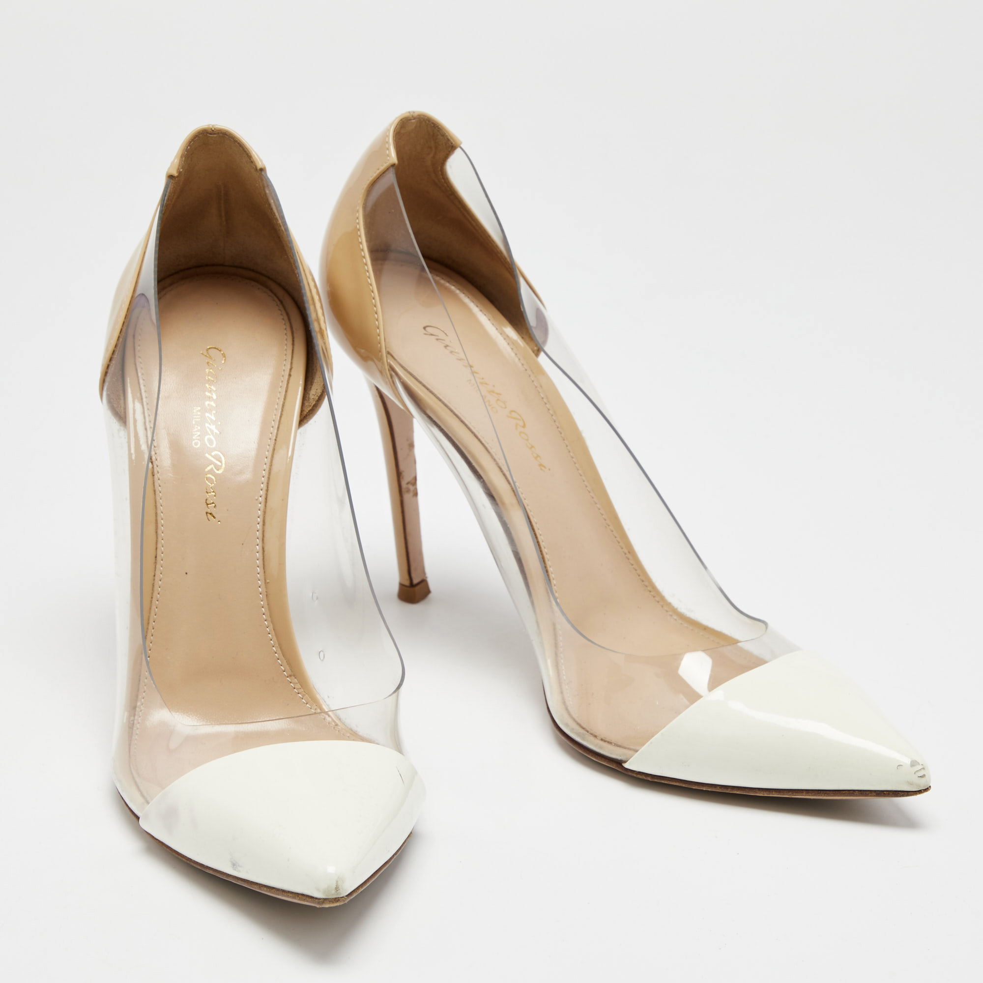 Gianvito Rossi Beige/White Patent Leather And PVC Plexi Pointed Toe Pumps Size 38