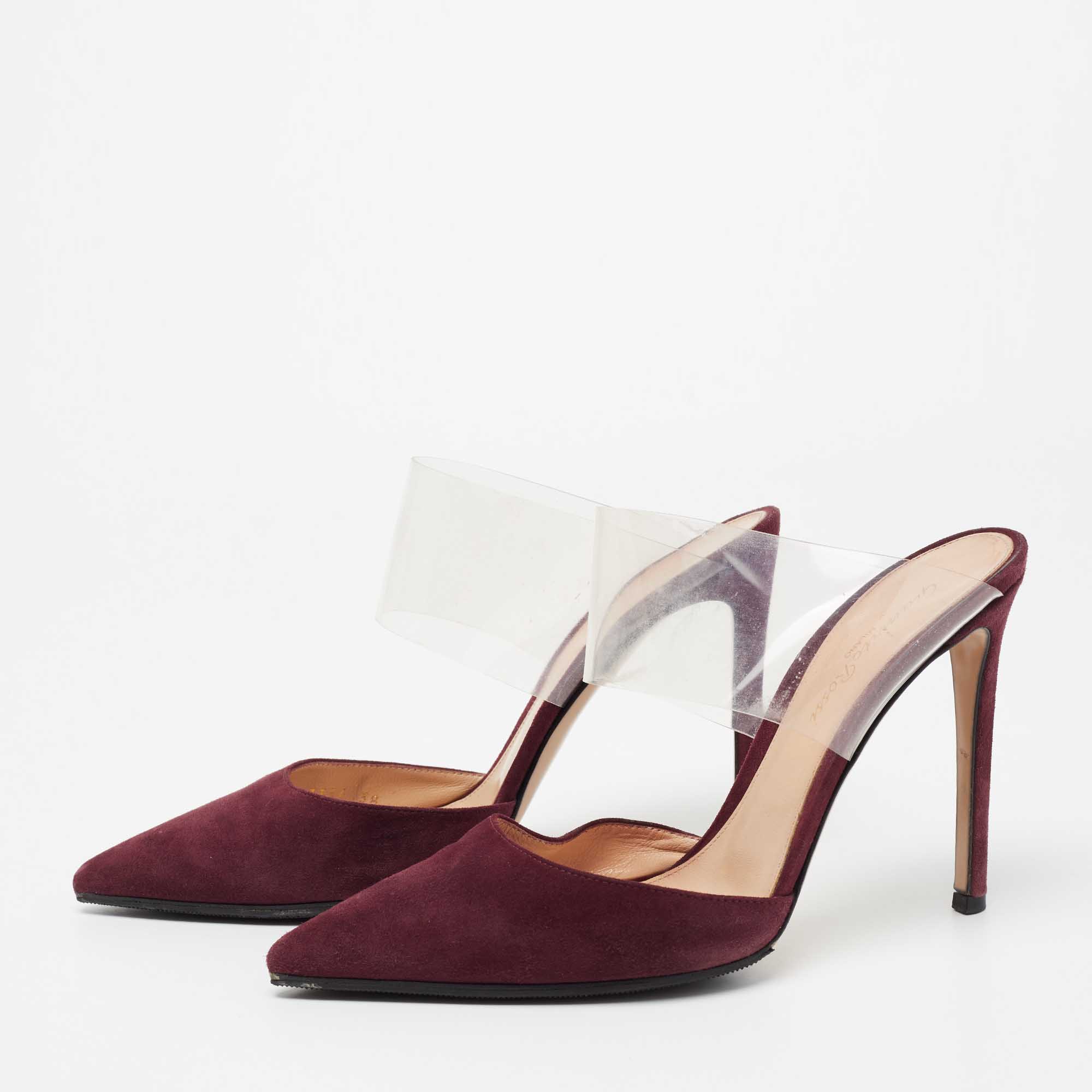 Gianvito Rossi Burgundy Suede And PVC Plexi Pointed Toe Mule Sandals Size 38