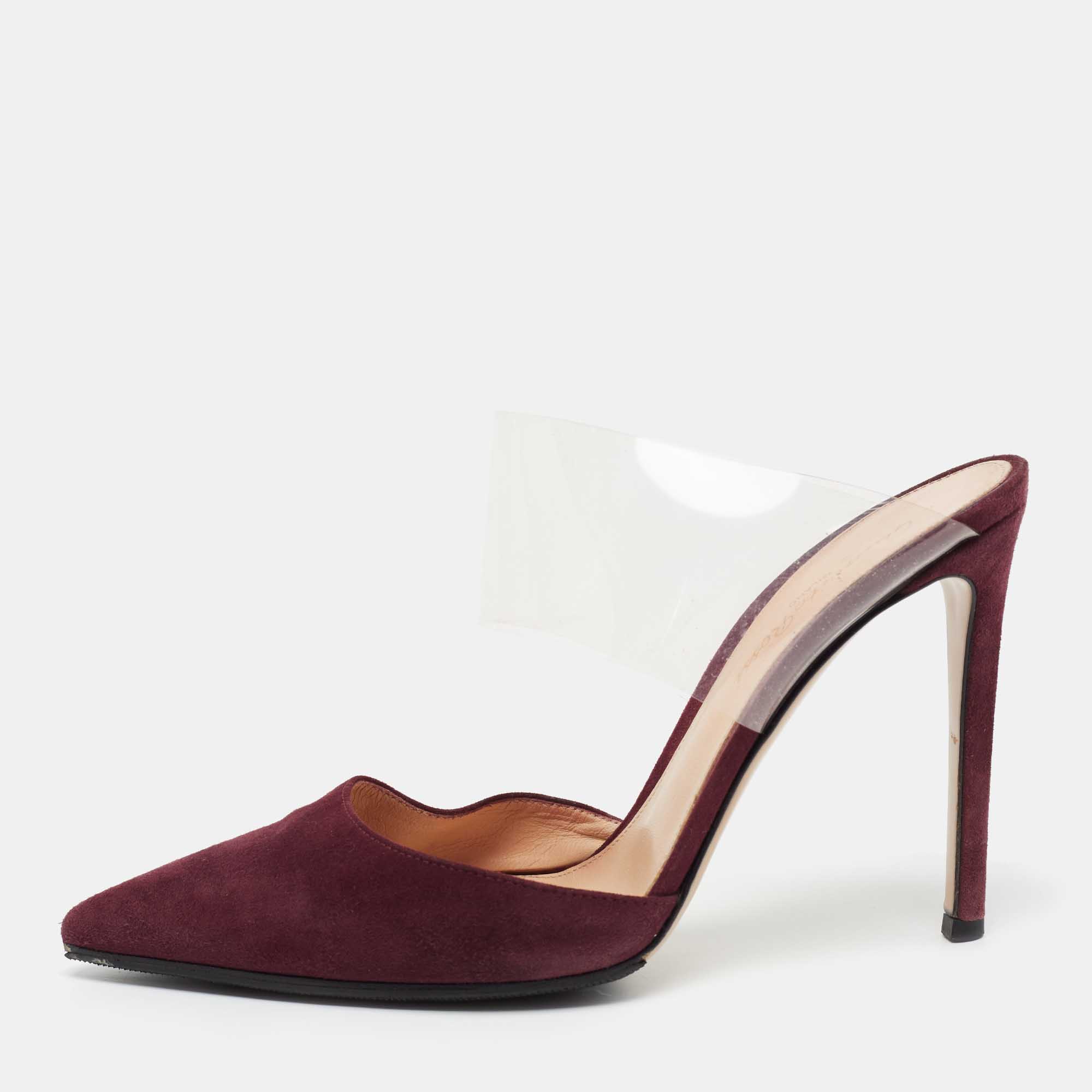 Gianvito rossi burgundy suede and pvc plexi pointed toe mule sandals size 38