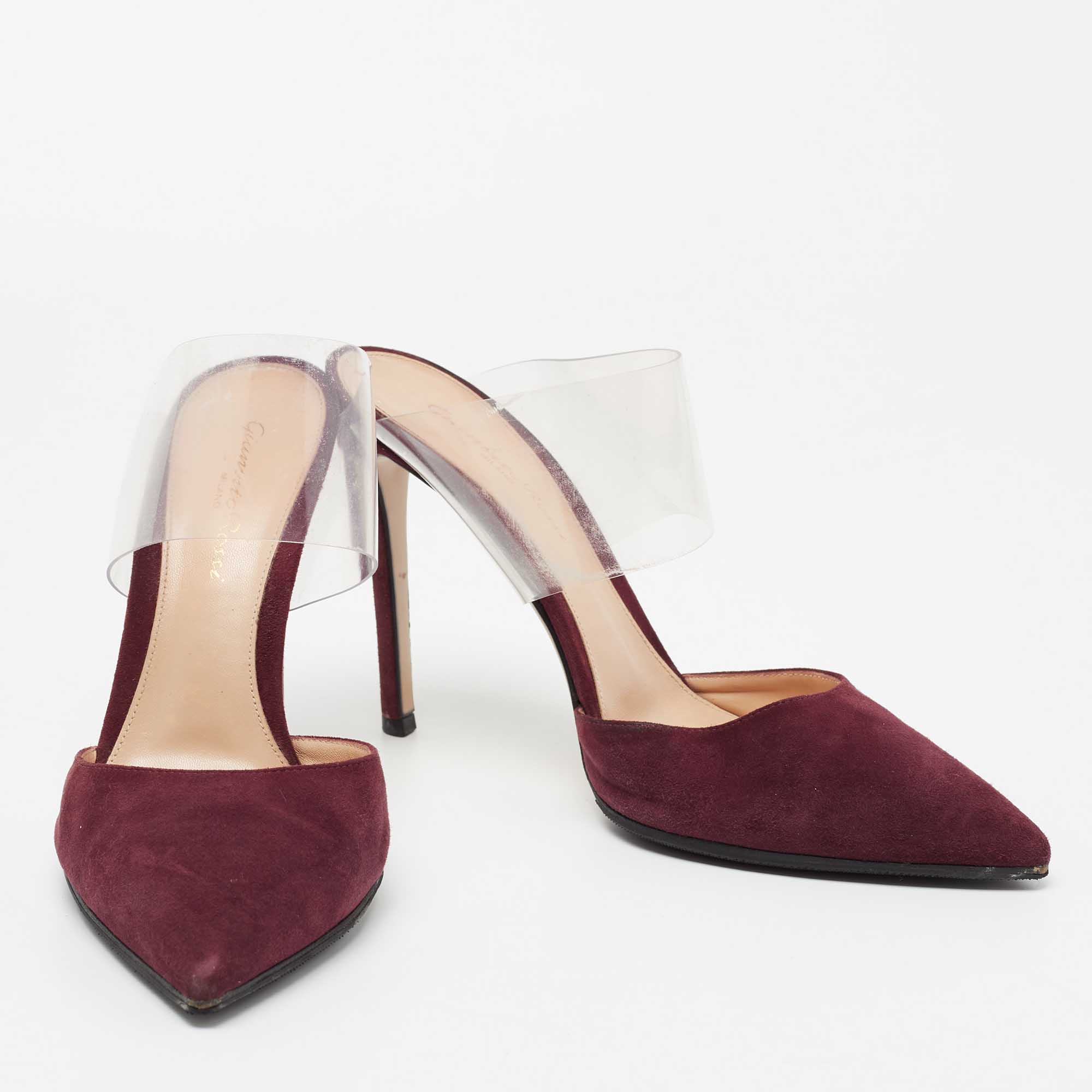 Gianvito Rossi Burgundy Suede And PVC Plexi Pointed Toe Mule Sandals Size 38