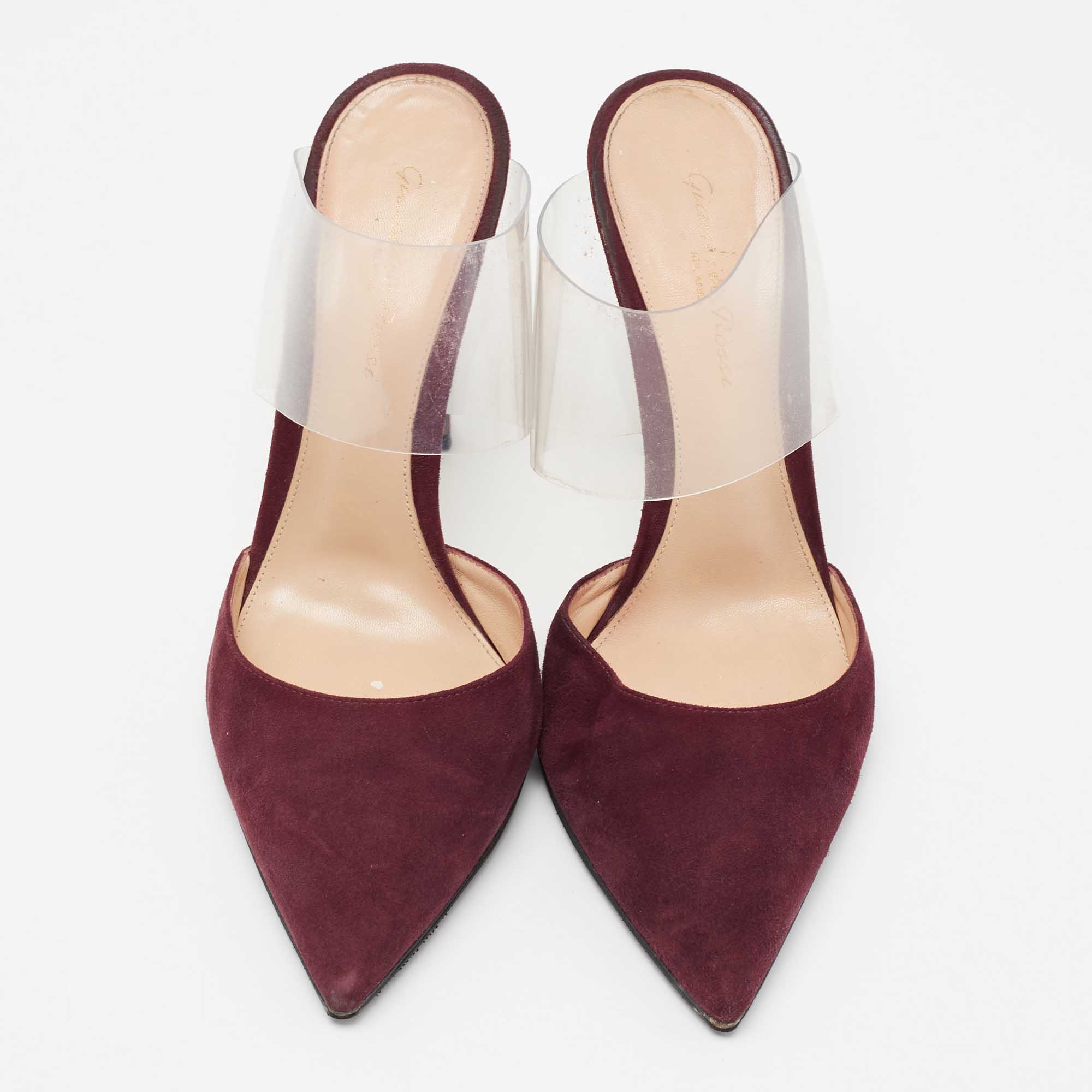 Gianvito Rossi Burgundy Suede And PVC Plexi Pointed Toe Mule Sandals Size 38