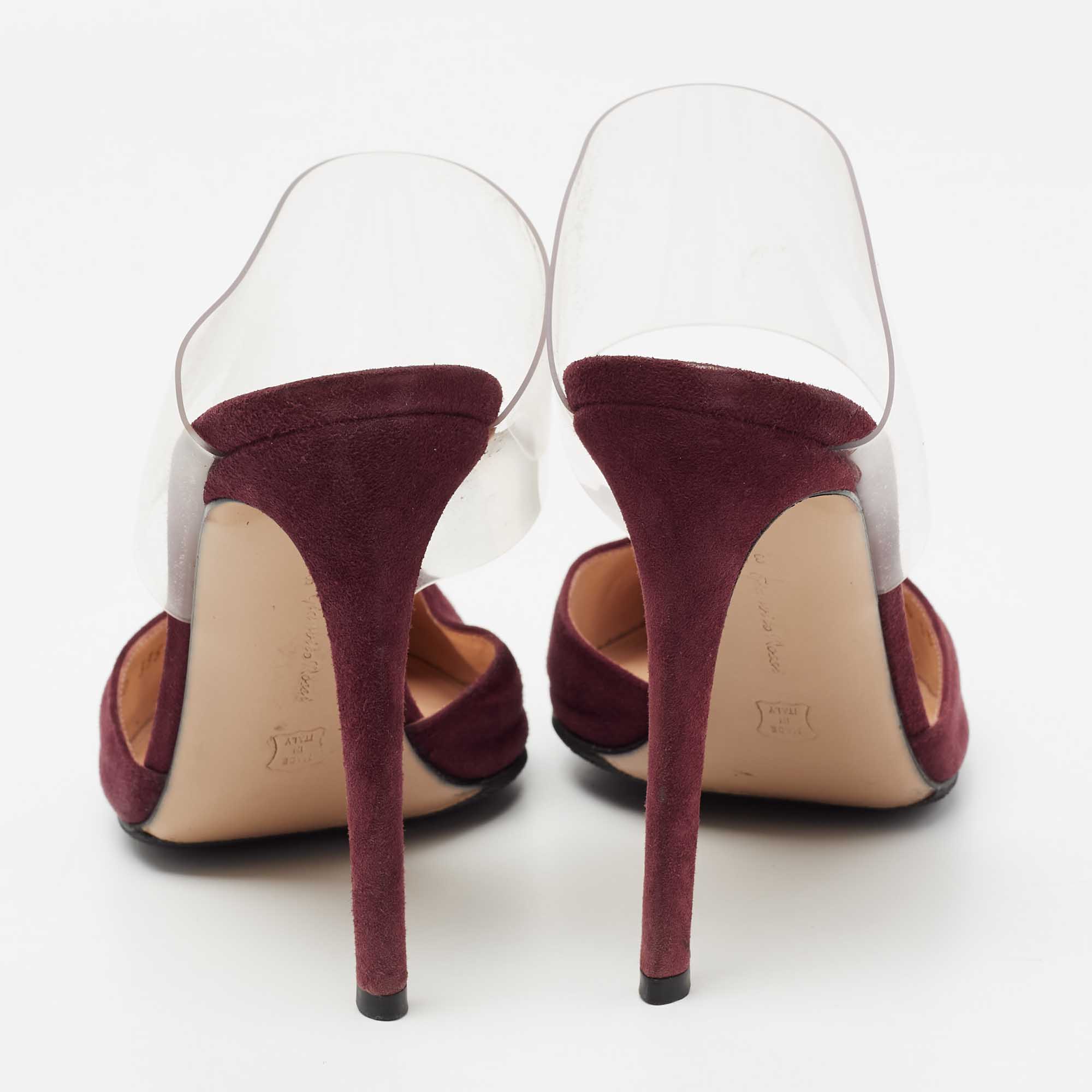 Gianvito Rossi Burgundy Suede And PVC Plexi Pointed Toe Mule Sandals Size 38