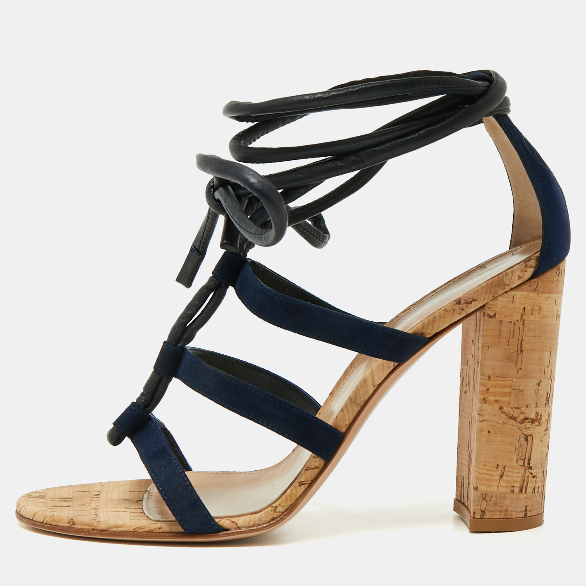 Gianvito Rossi Navy Blue Suede And Leather Cork Heel Ankle Wrap Sandals Size 40