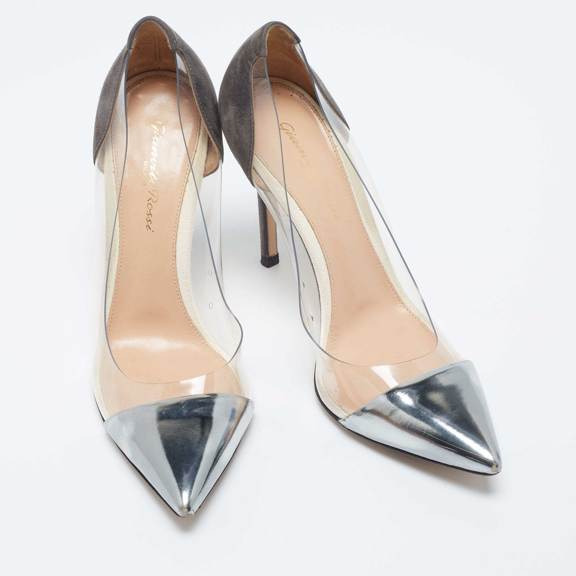 Gianvito Rossi Dark Grey Patent Leather And PVC Plexi Pointed Toe Pumps Size 38