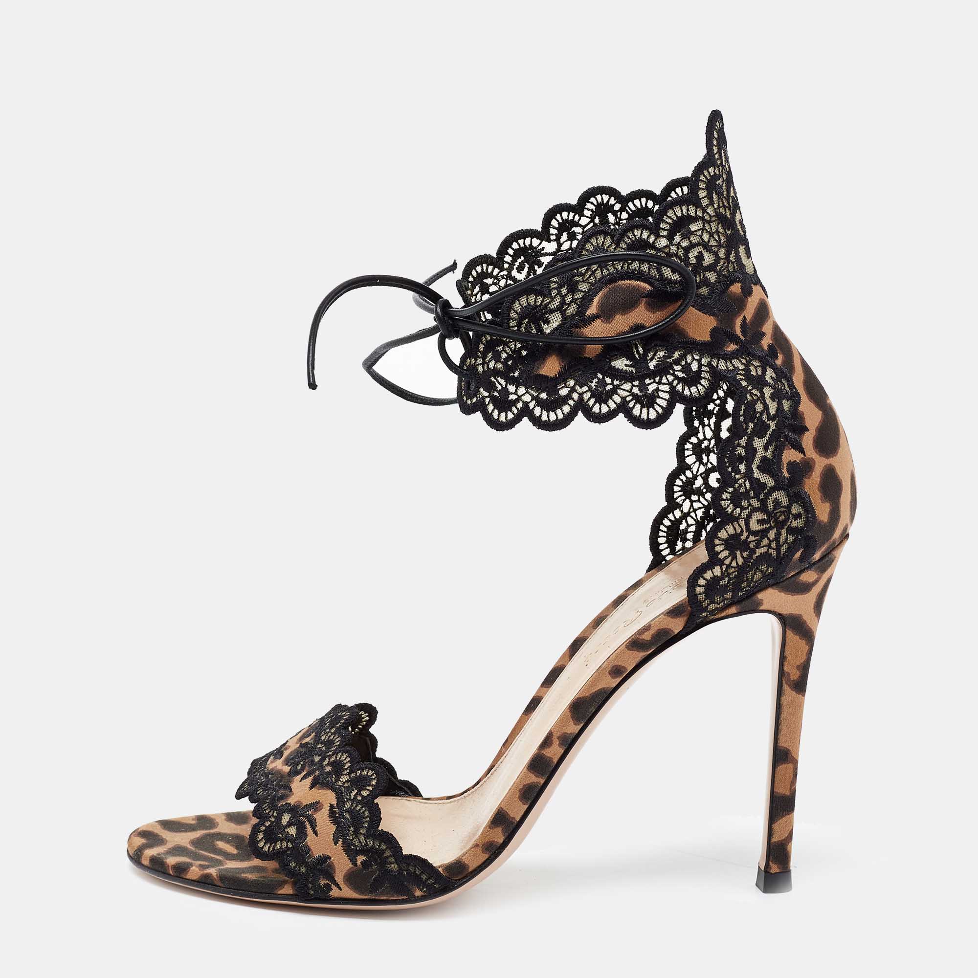 Gianvito Rossi Black/Brown Lace And Leopard Print Satin Ankle-Tie Sandals Size 36