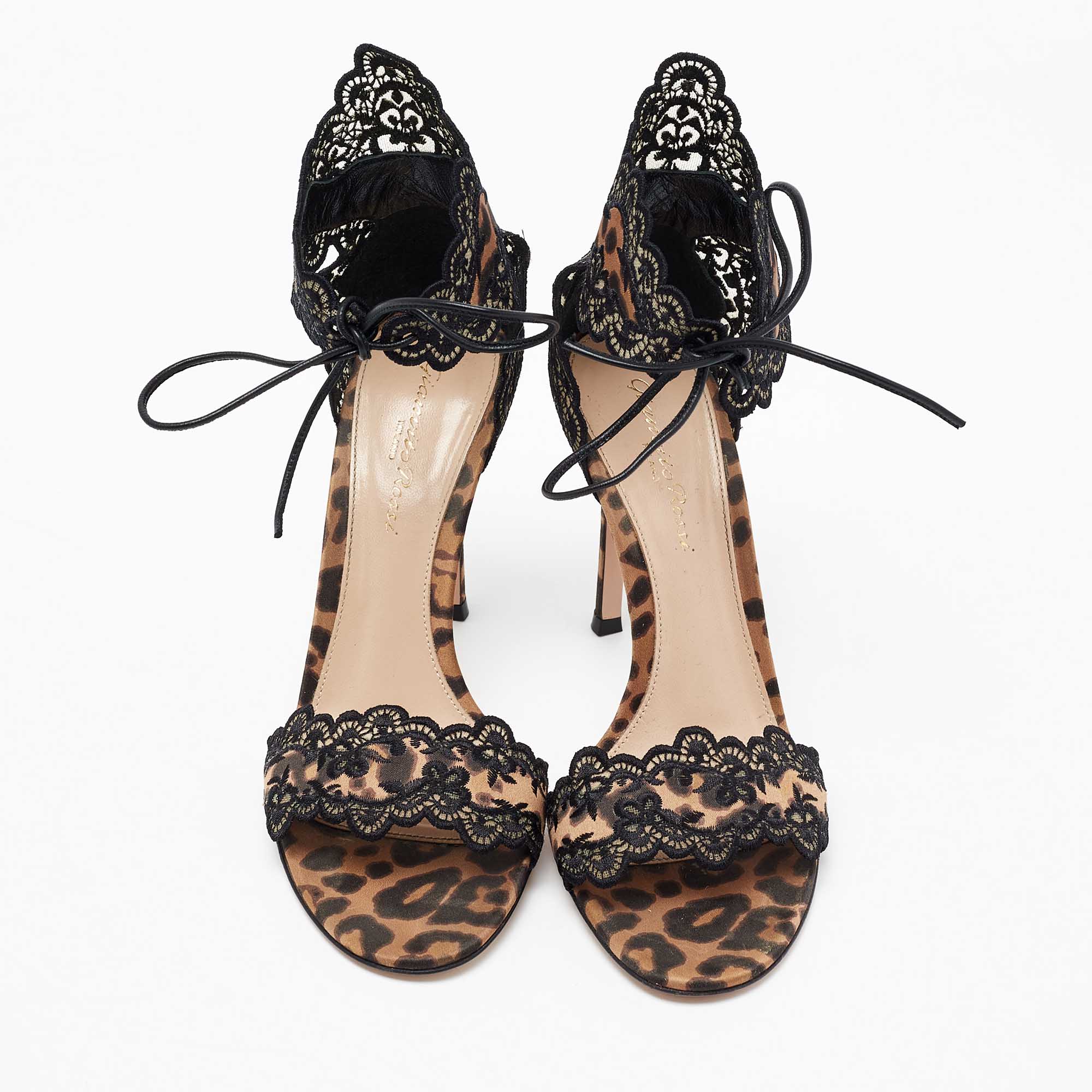 Gianvito Rossi Black/Brown Lace And Leopard Print Satin Ankle-Tie Sandals Size 36