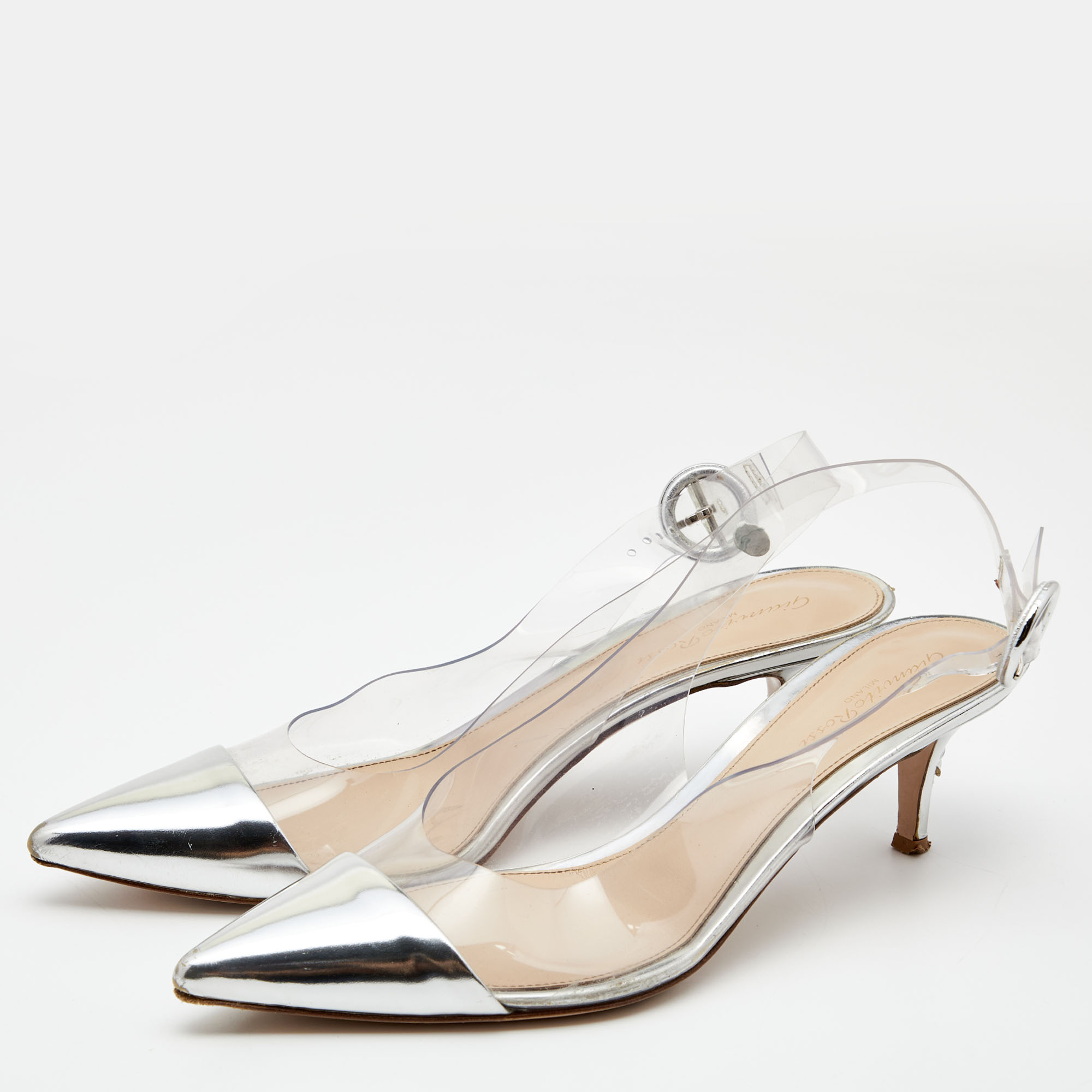 Gianvito Rossi Silver Leather And PVC Slingback Pumps Size 40