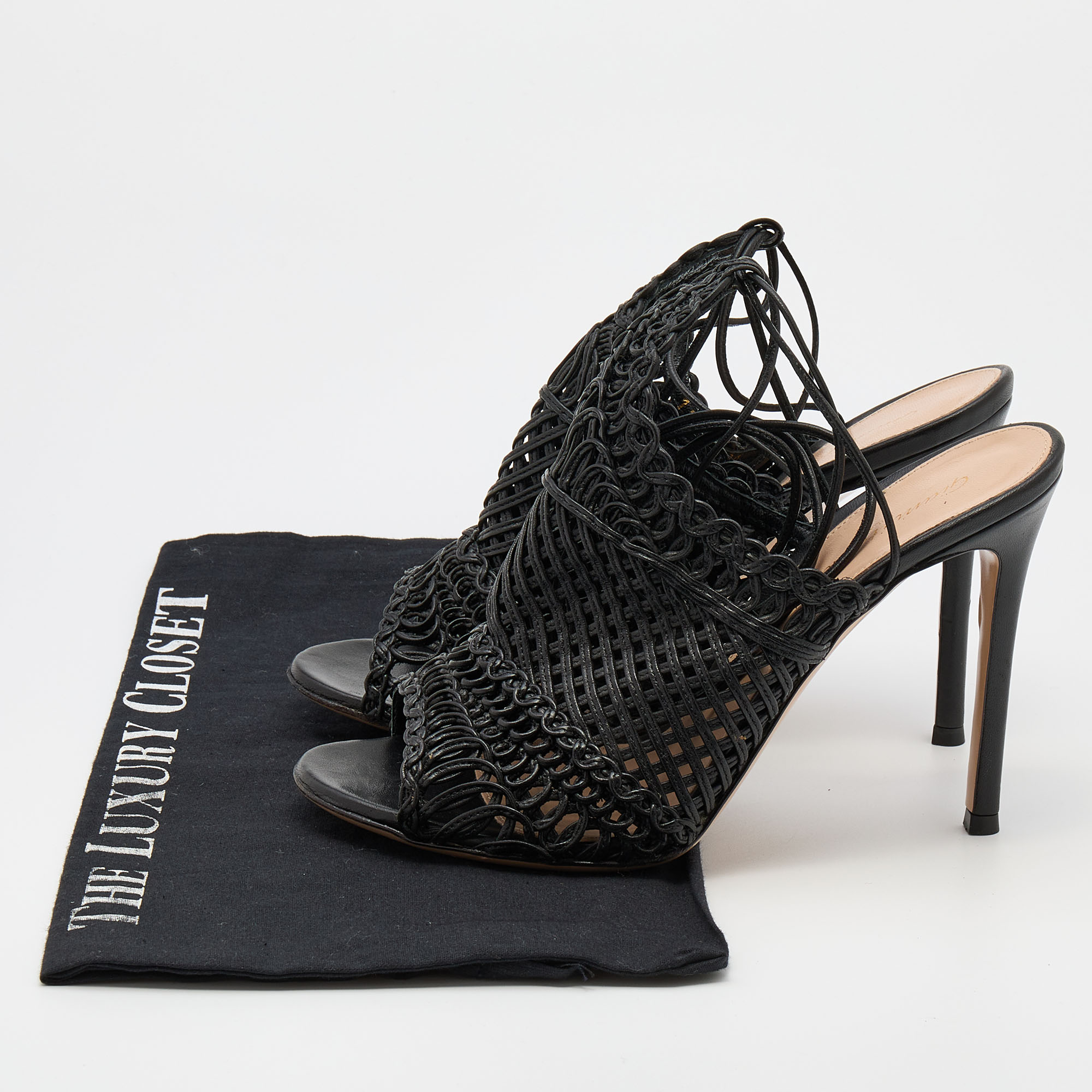 Gianvito Rossi Black Woven Leather Ankle Tie Sandals Size 38