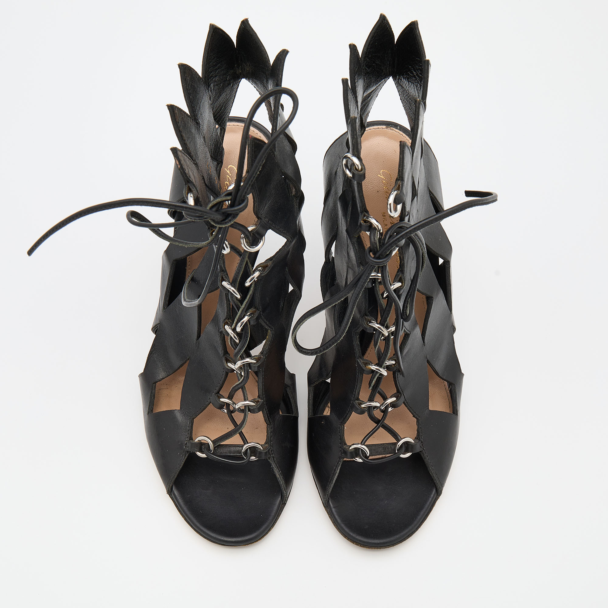 Gianvito Rossi Black Cutout Leather Lace Up Ankle Booties Size 37
