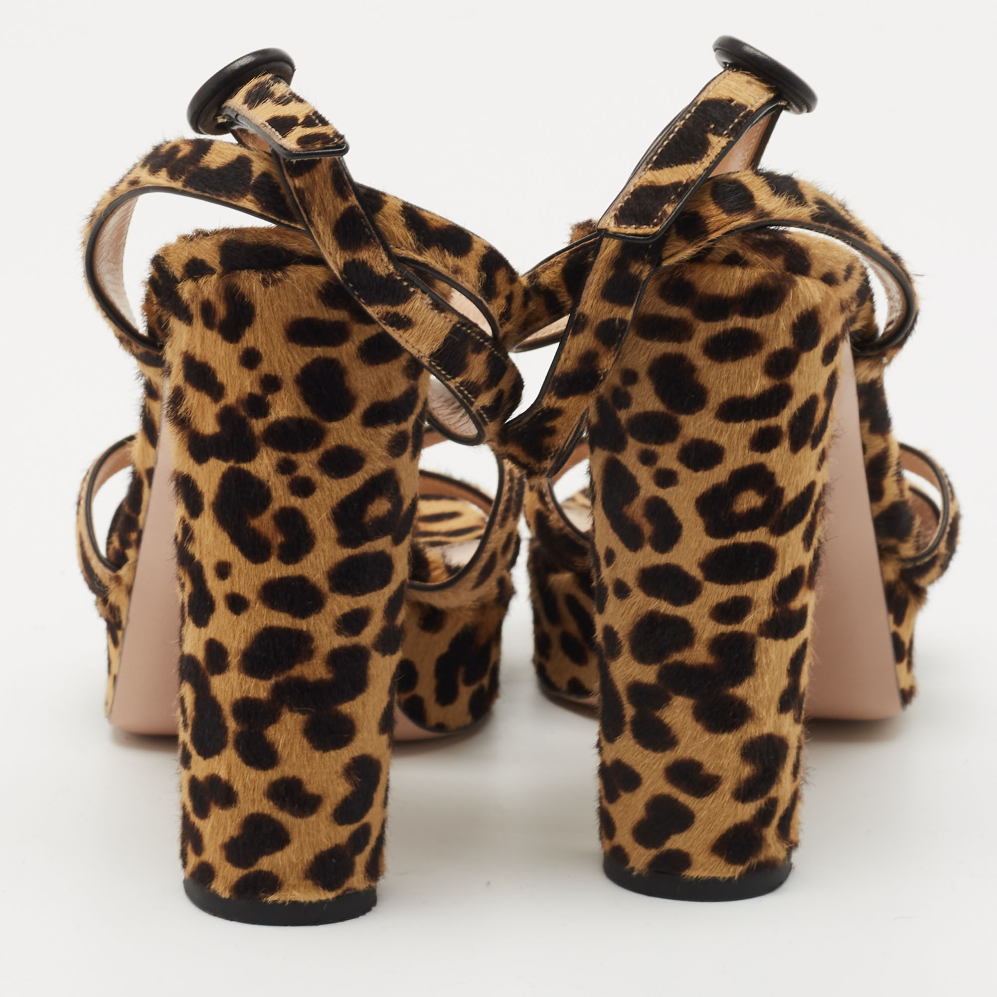 Gianvito Rossi Brown/Beige Leopard Print Calf Hair Platform Ankle Strap Sandals Size 39