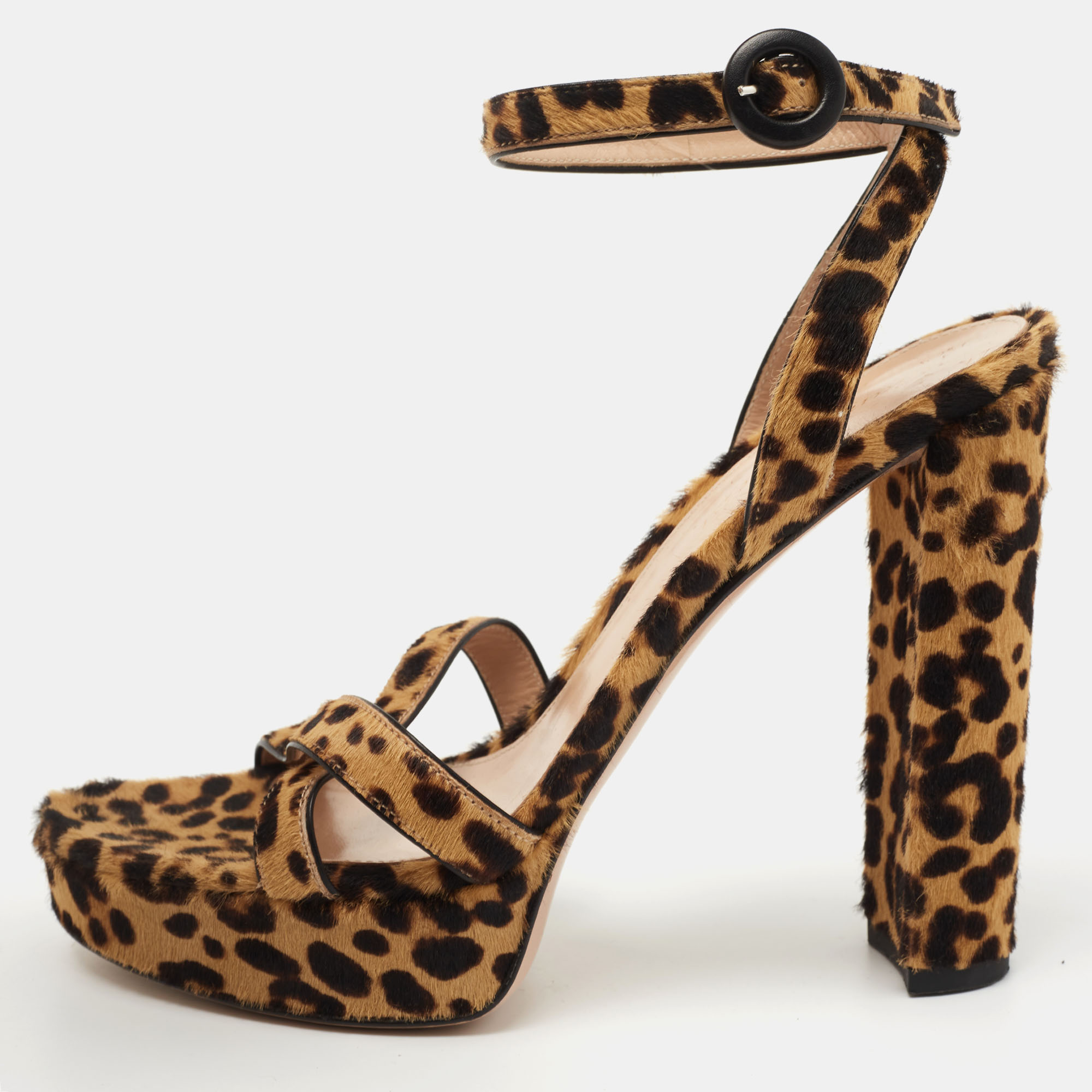 Gianvito rossi brown/beige leopard print calf hair platform ankle strap sandals size 39