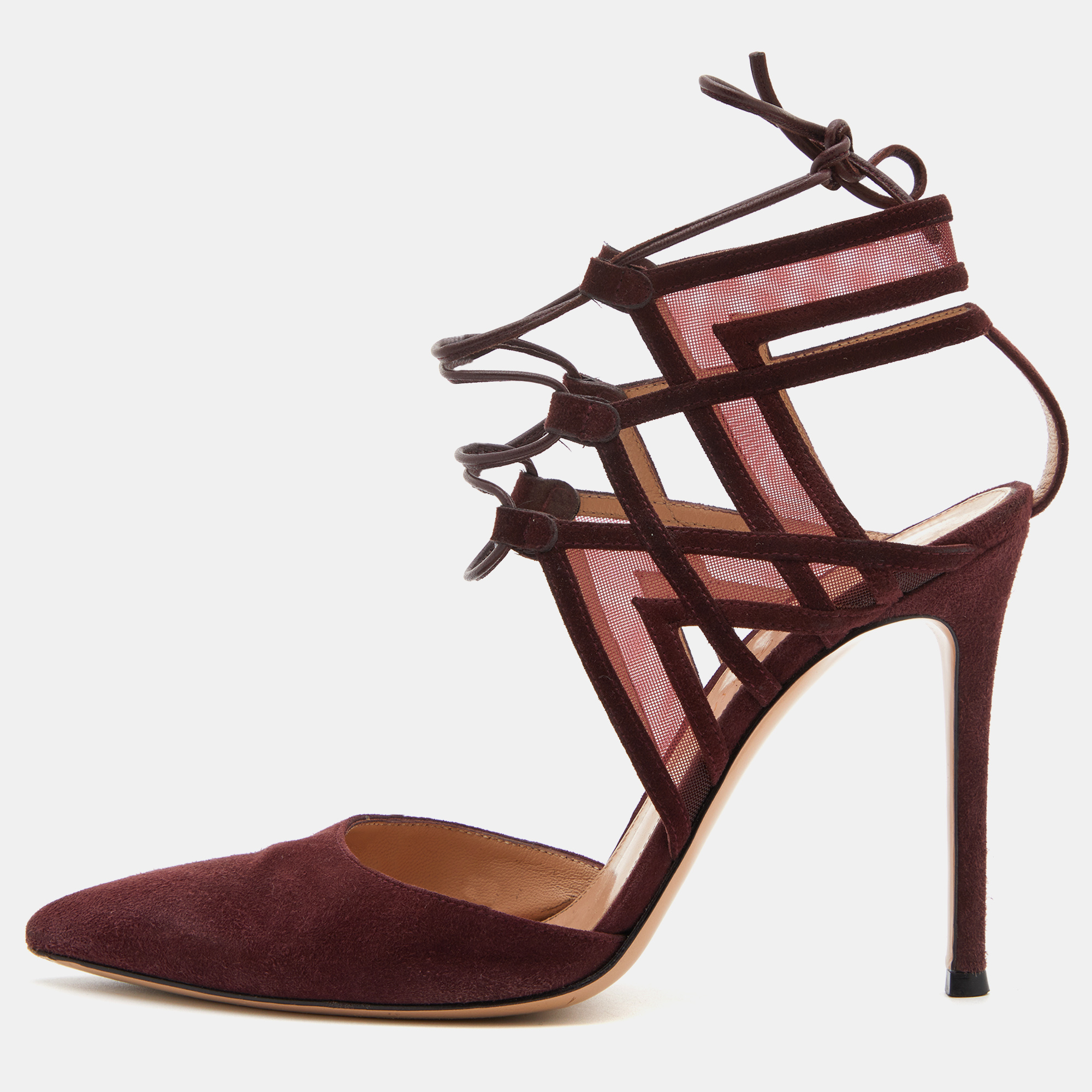 Gianvito Rossi Burgundy Suede And Mesh Ankle Wrap Sandals Size 37