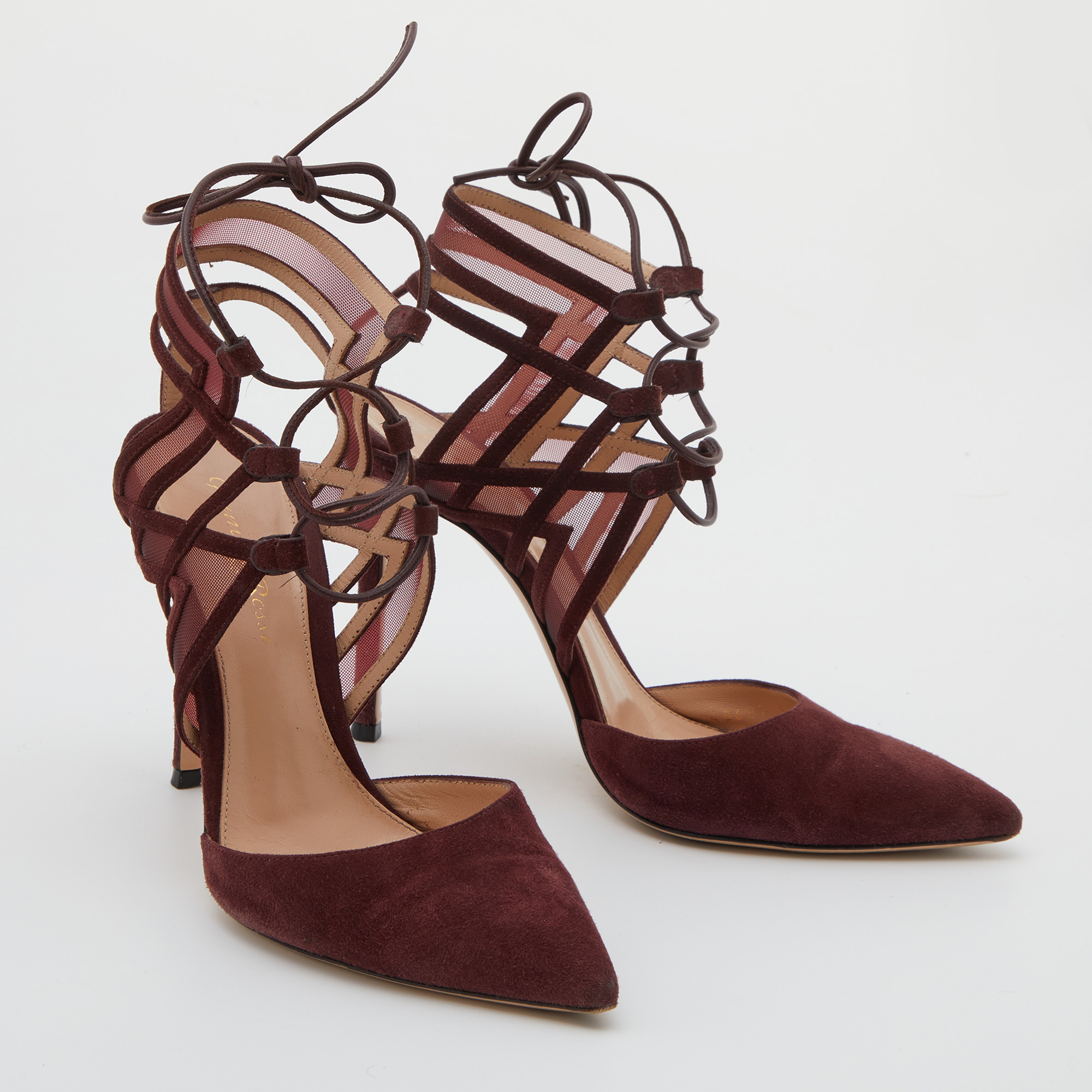 Gianvito Rossi Burgundy Suede And Mesh Ankle Wrap Sandals Size 37