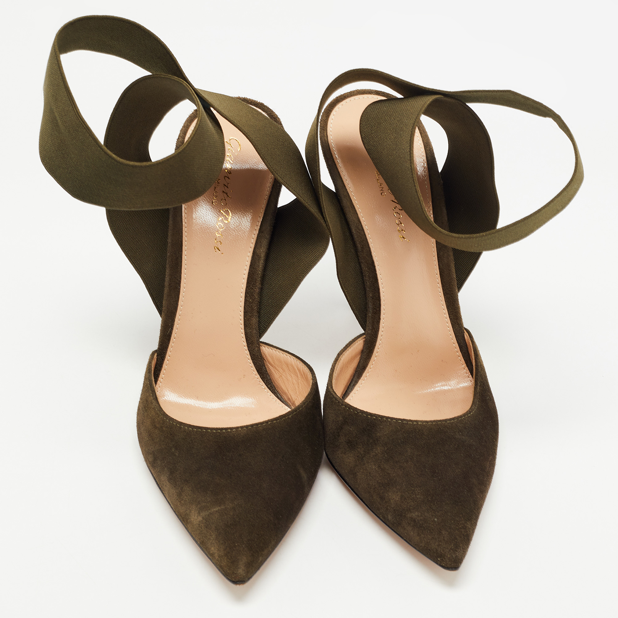 Gianvito Rossi Dark Green Suede  Pointed Ankle Wrap Sandals Size 38