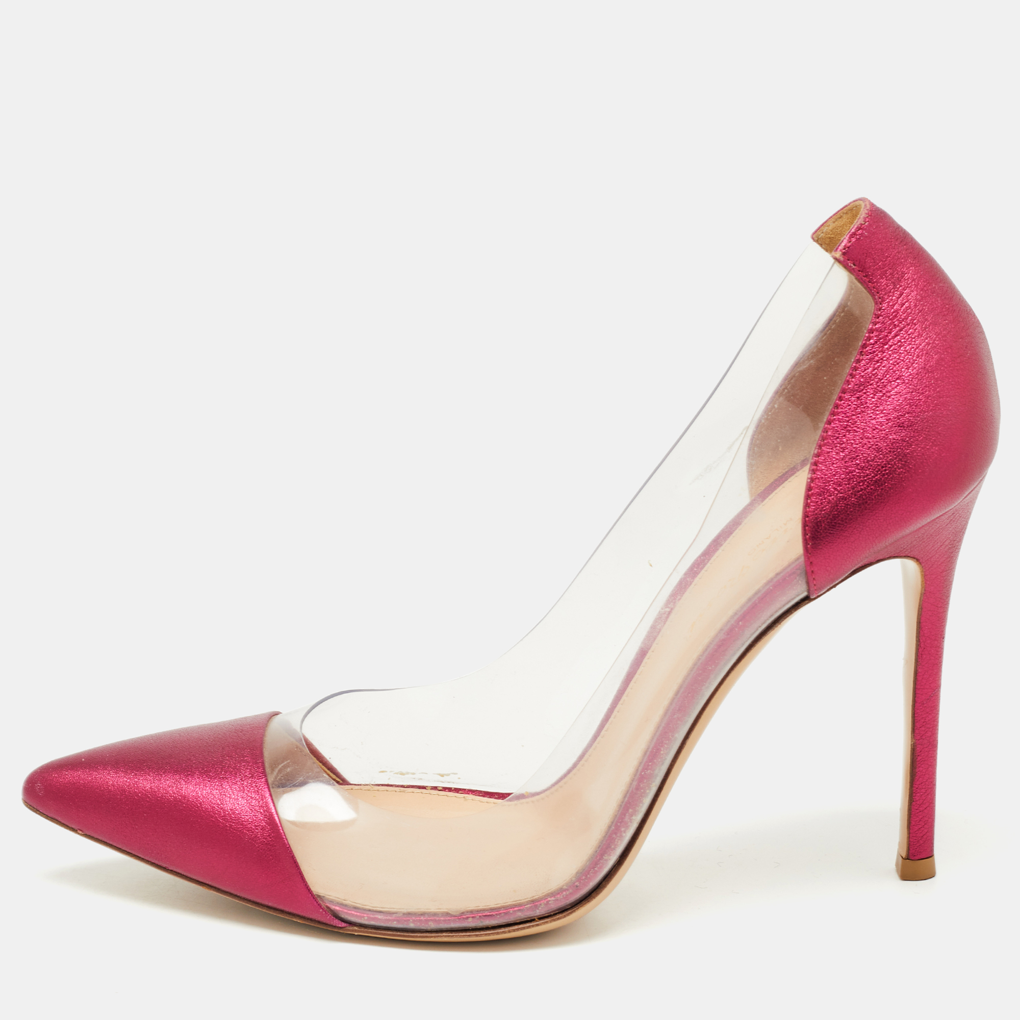 

Gianvito Rossi Metallic Pink Leather and PVC Plexi Pumps Size