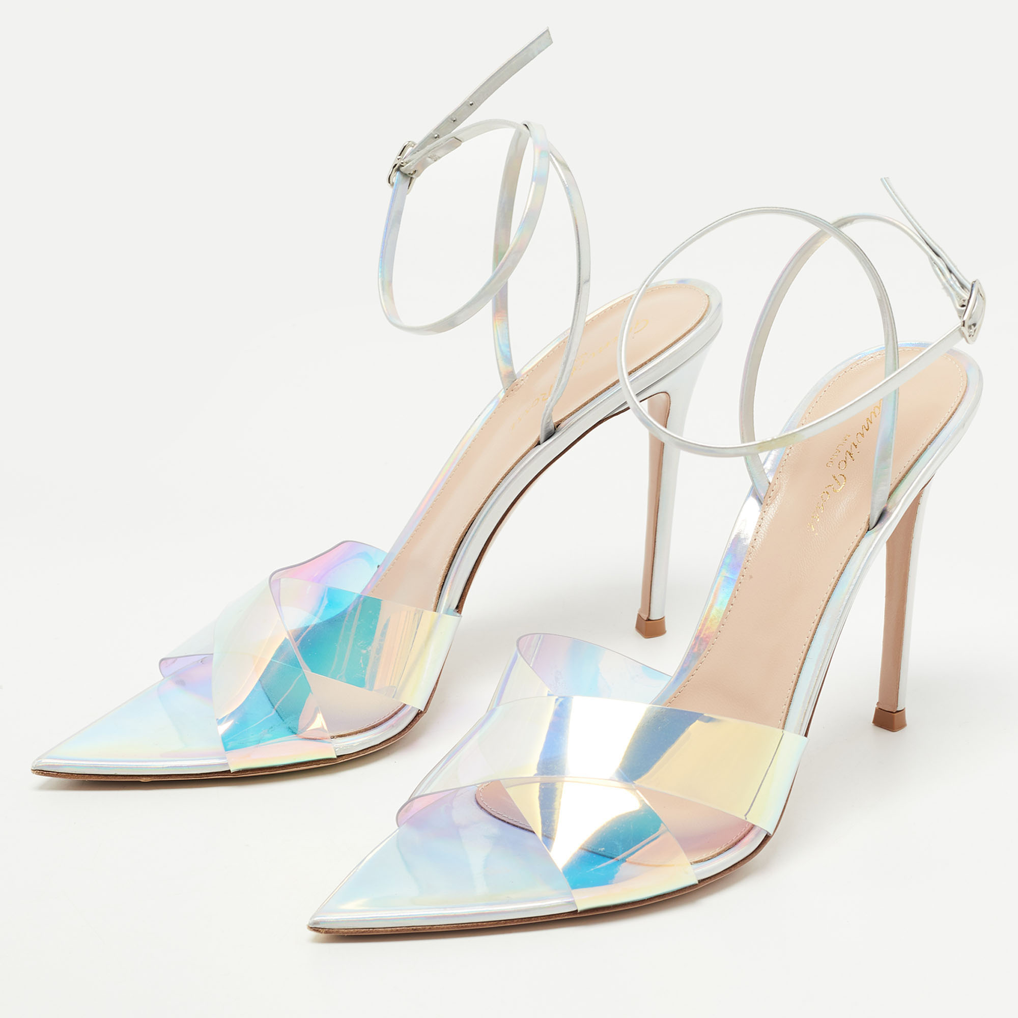 

Gianvito Rossi Transparent Iridescent PVC and Leather Plexi Stark Ankle Strap Sandals Size