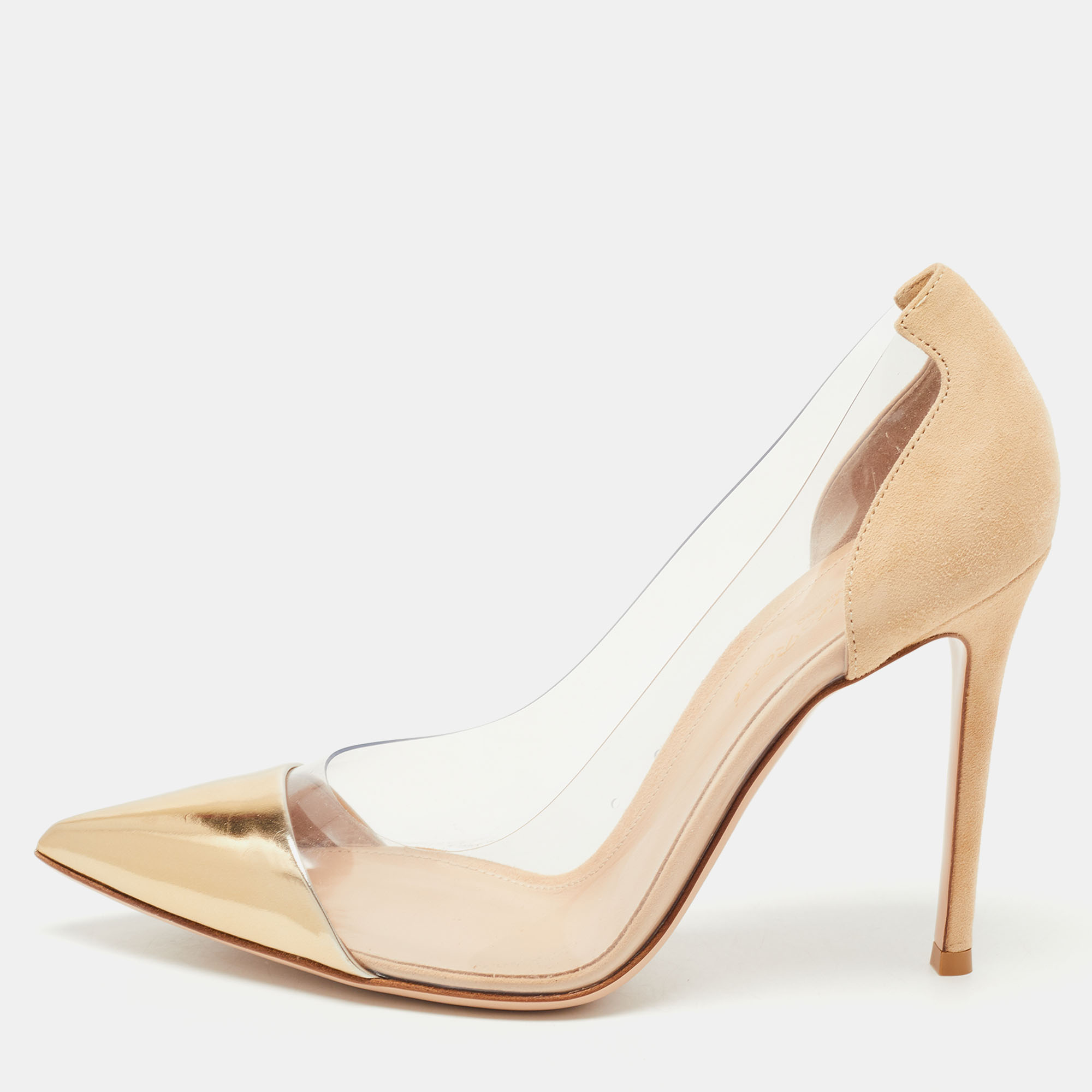 Gianvito Rossi Beige/Gold Suede, Patent Leather And PVC Plexi Pumps Size 38