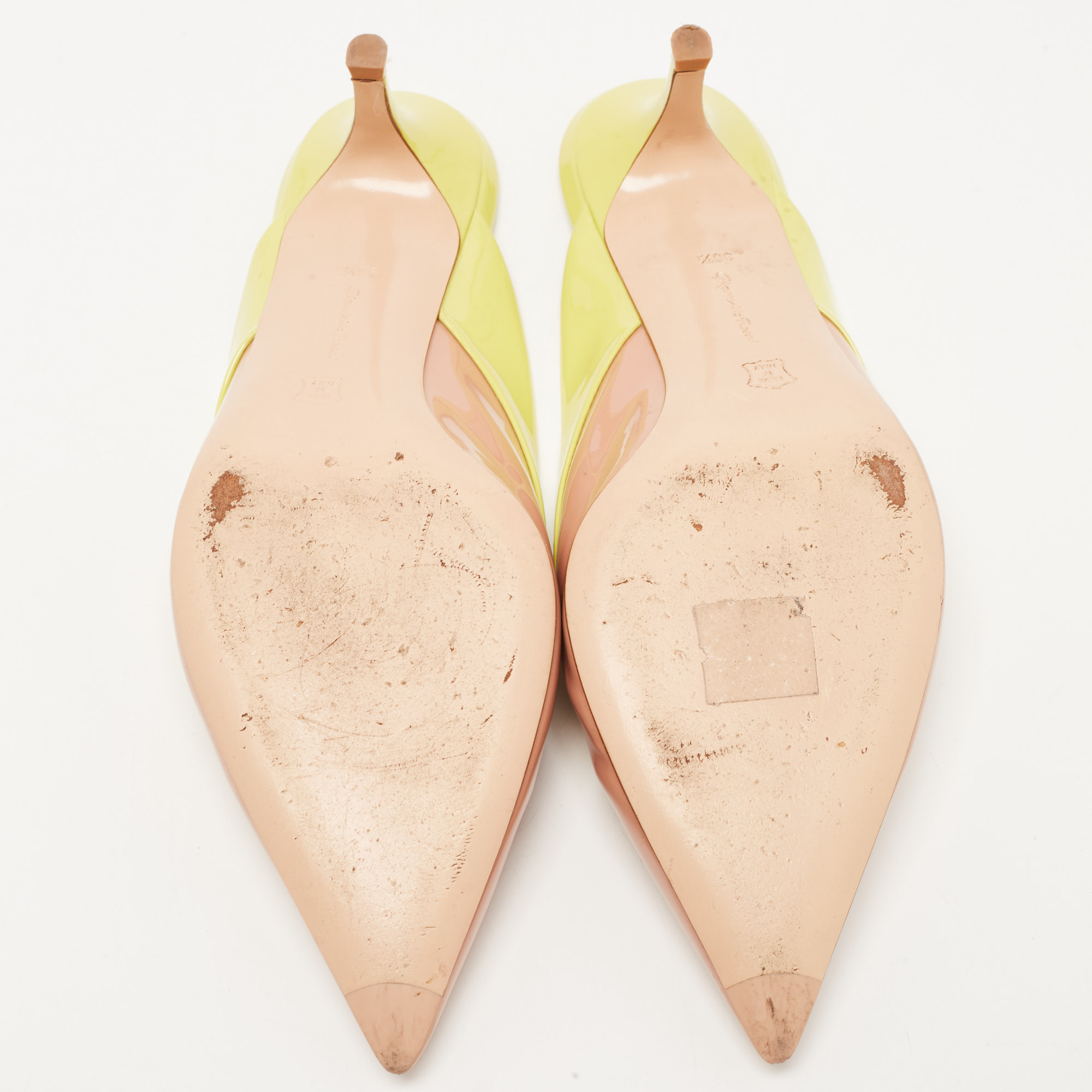 Gianvito Rossi Beige/Green Patent Leather Fanny Mules Size 38.5