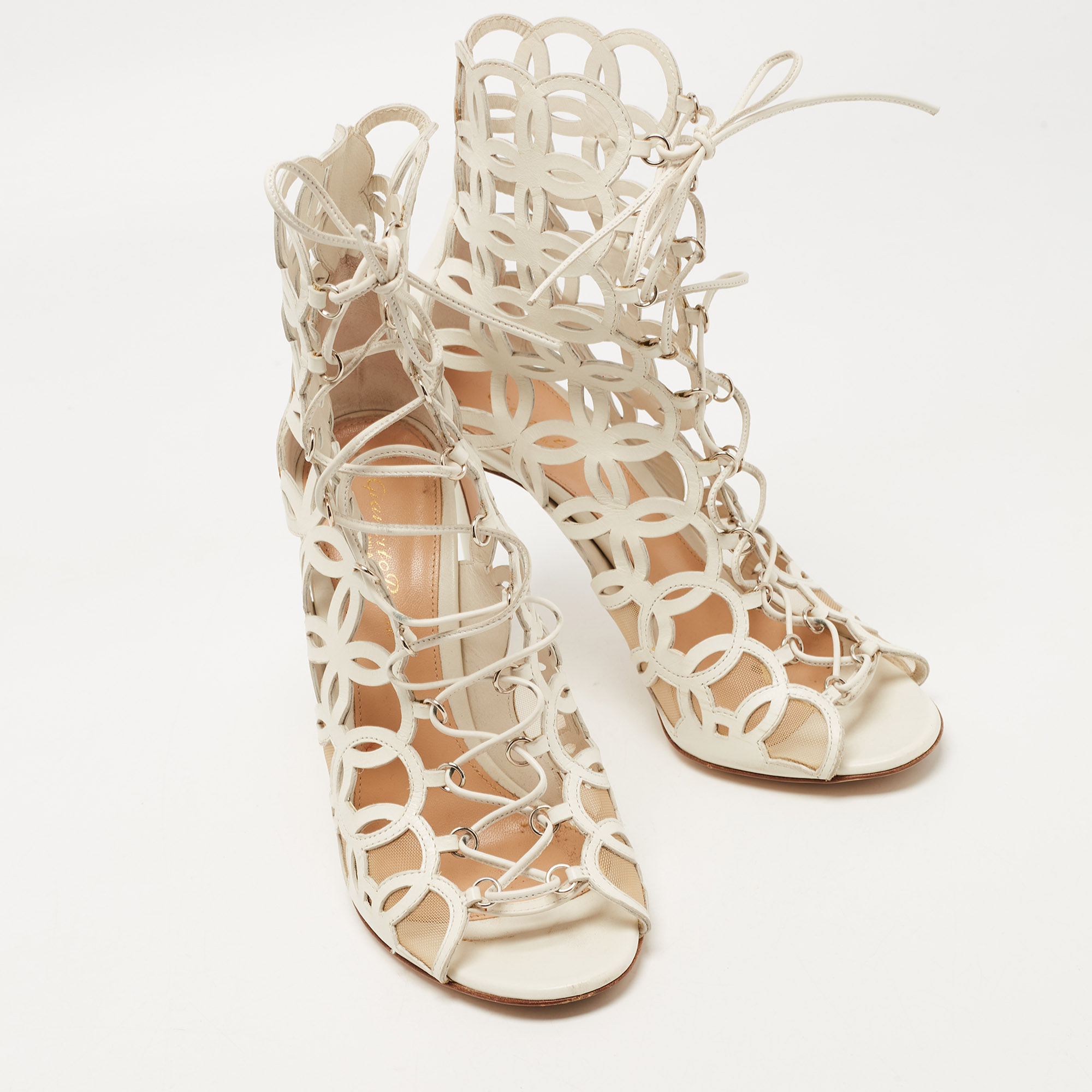 Gianvito Rossi White Cutout Leather Lace Up Peep Toe Sandals Size 38