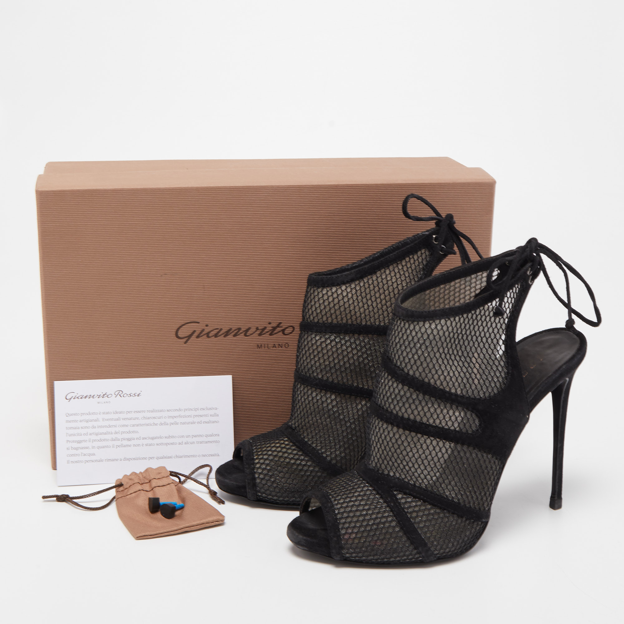Gianvito Rossi Black Suede And Mesh Peep Toe Ankle Sandals Size 37.5