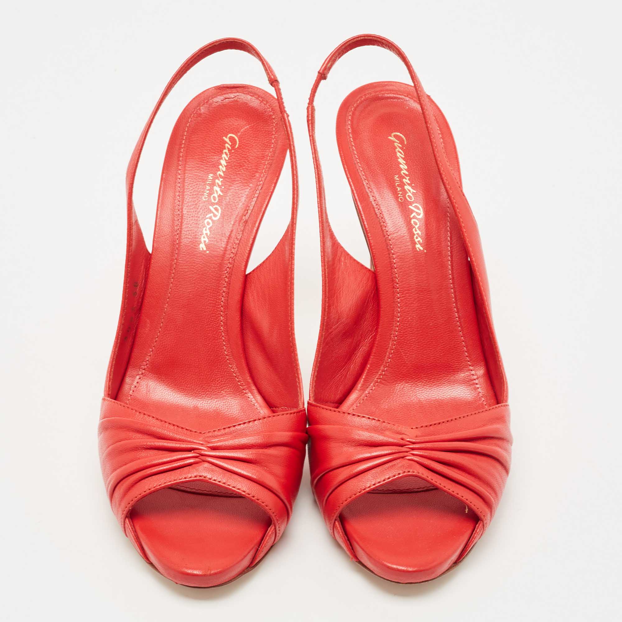 Gianvito Rossi Red Pleated Leather Open Toe Slingback Sandals Size 38