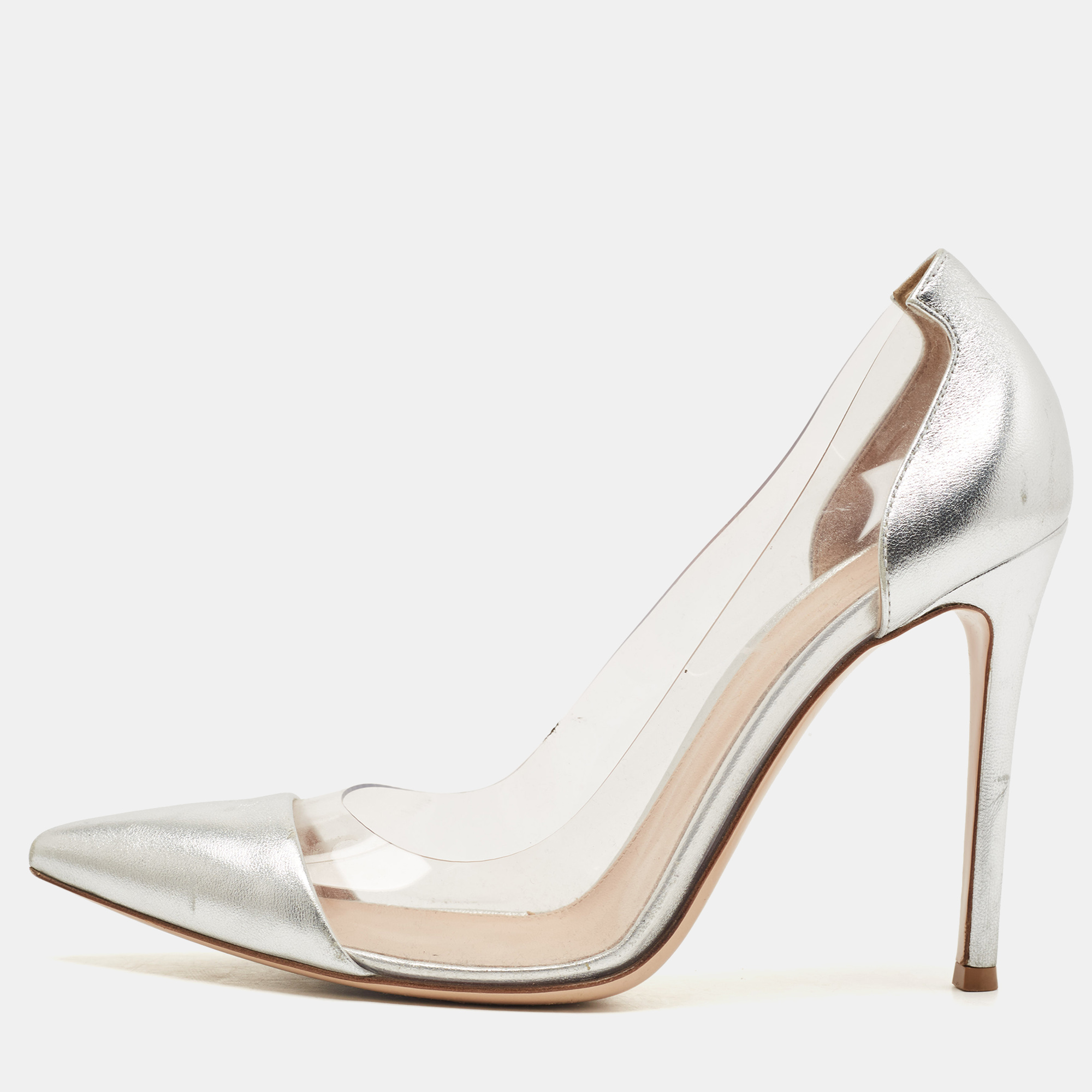Gianvito rossi silver leather and pvc plexi pointed toe pumps size 38
