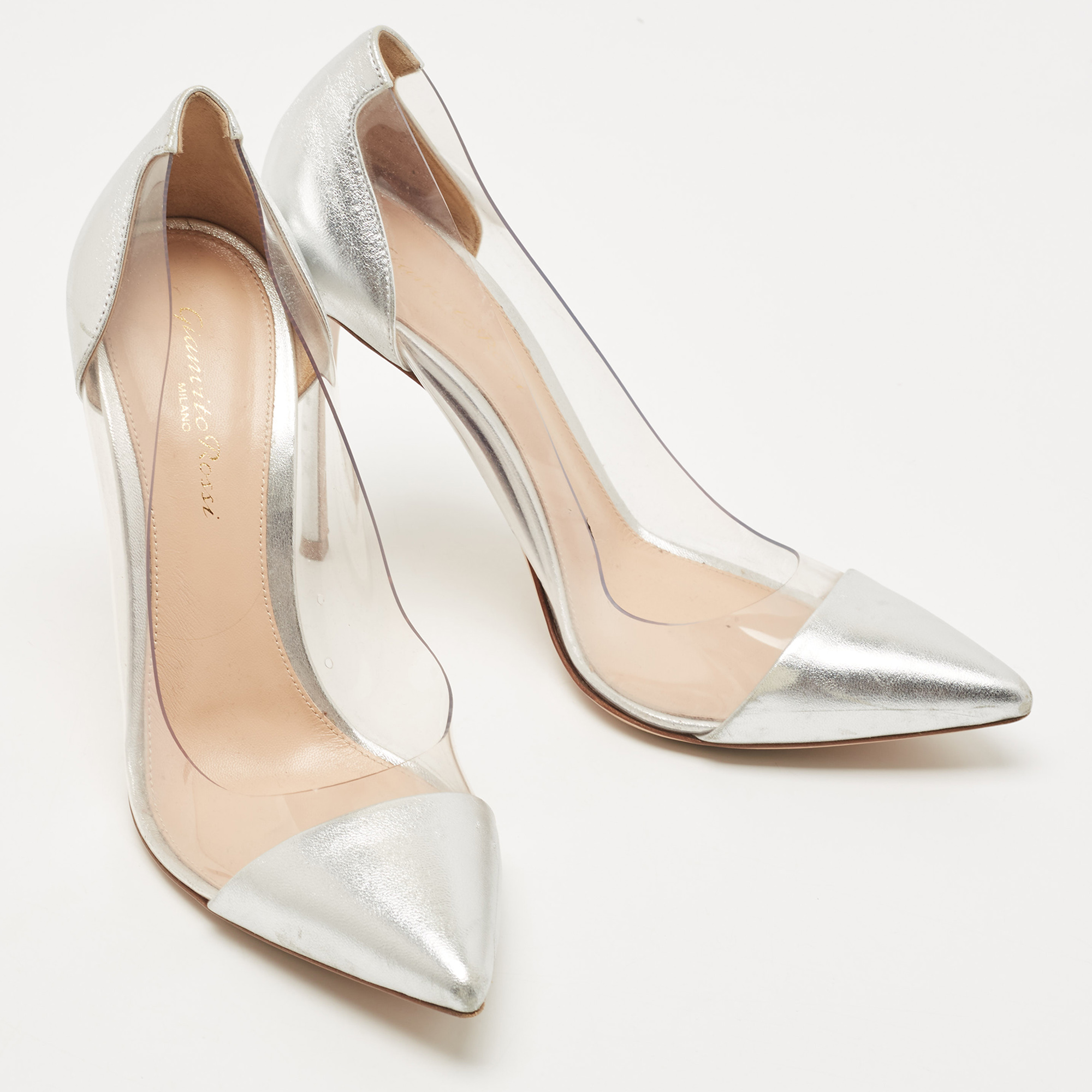 Gianvito Rossi Silver Leather And PVC Plexi Pointed Toe Pumps Size 38
