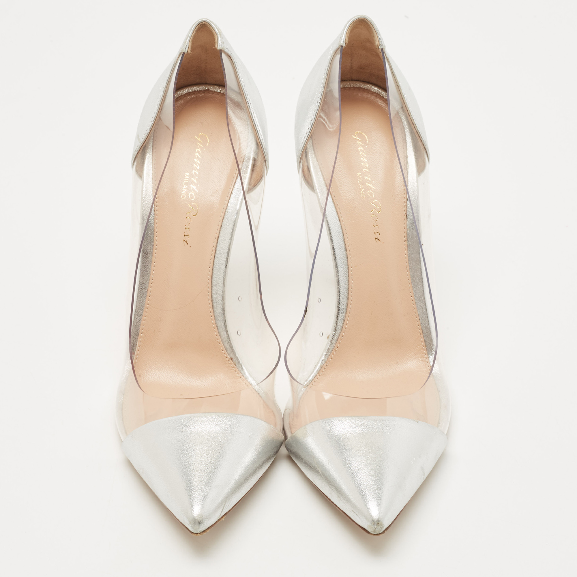 Gianvito Rossi Silver Leather And PVC Plexi Pointed Toe Pumps Size 38