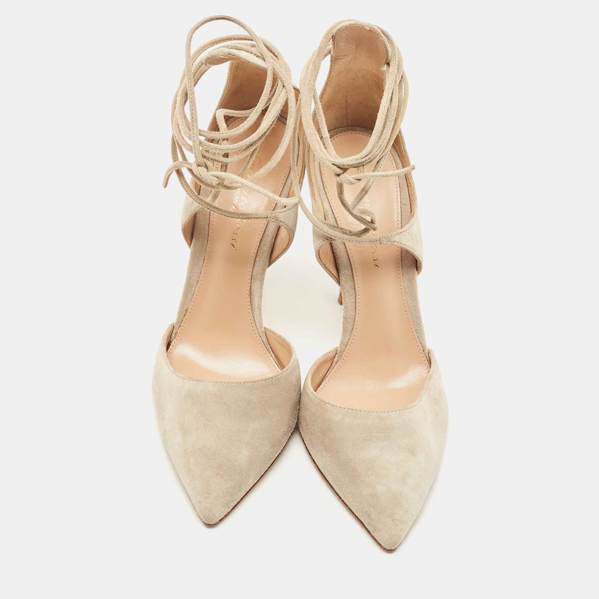Gianvito Rossi Beige Suede Ankle Wrap Pointed Toe Pumps Size 37.5