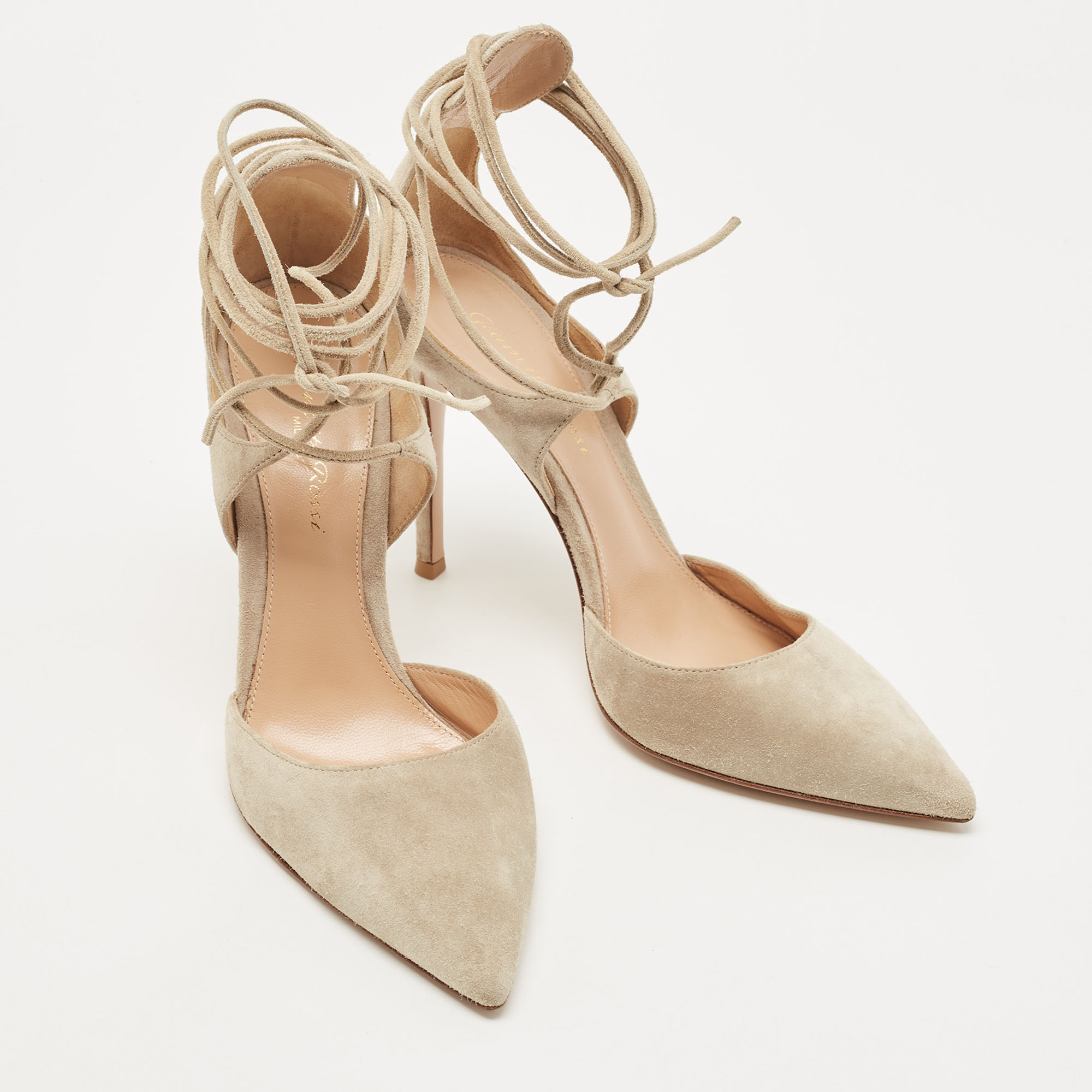 Gianvito Rossi Beige Suede Ankle Wrap Pointed Toe Pumps Size 37.5