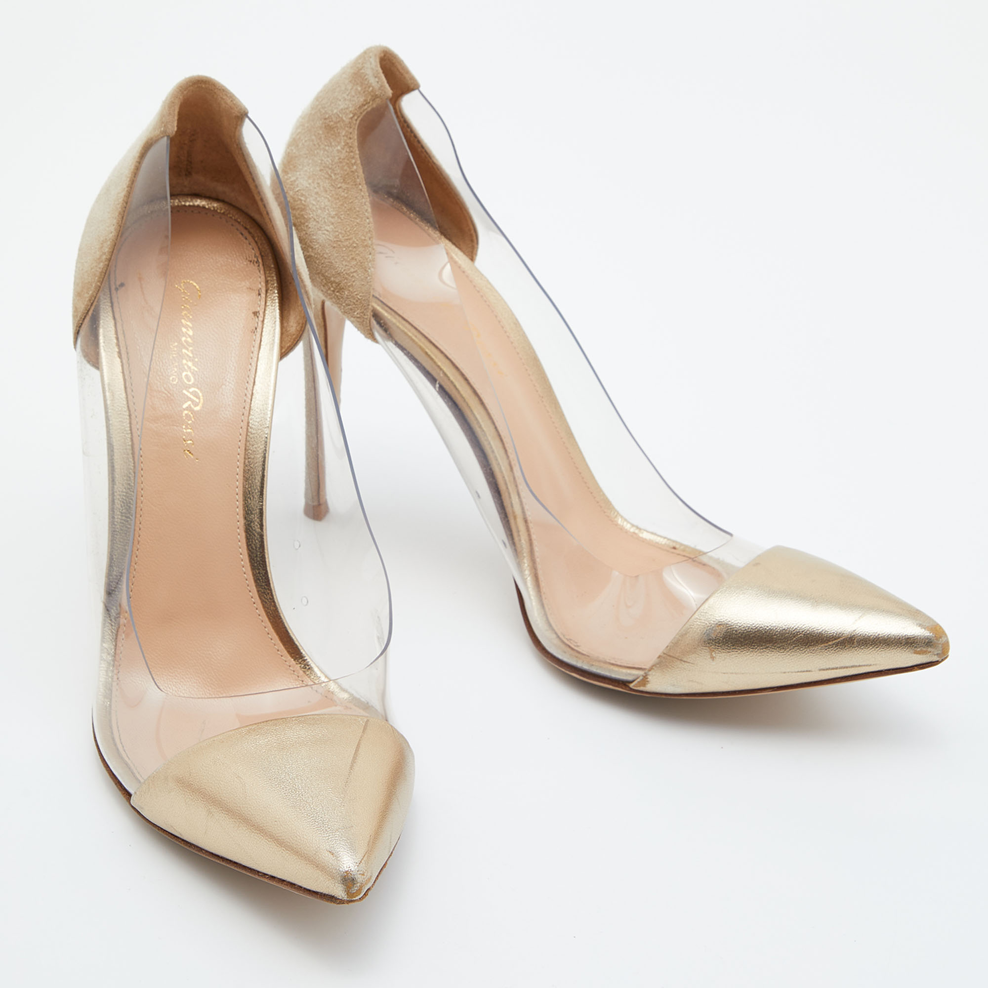 Gianvito Rossi Gold Leather, Suede And PVC Plexi Pumps Size 39