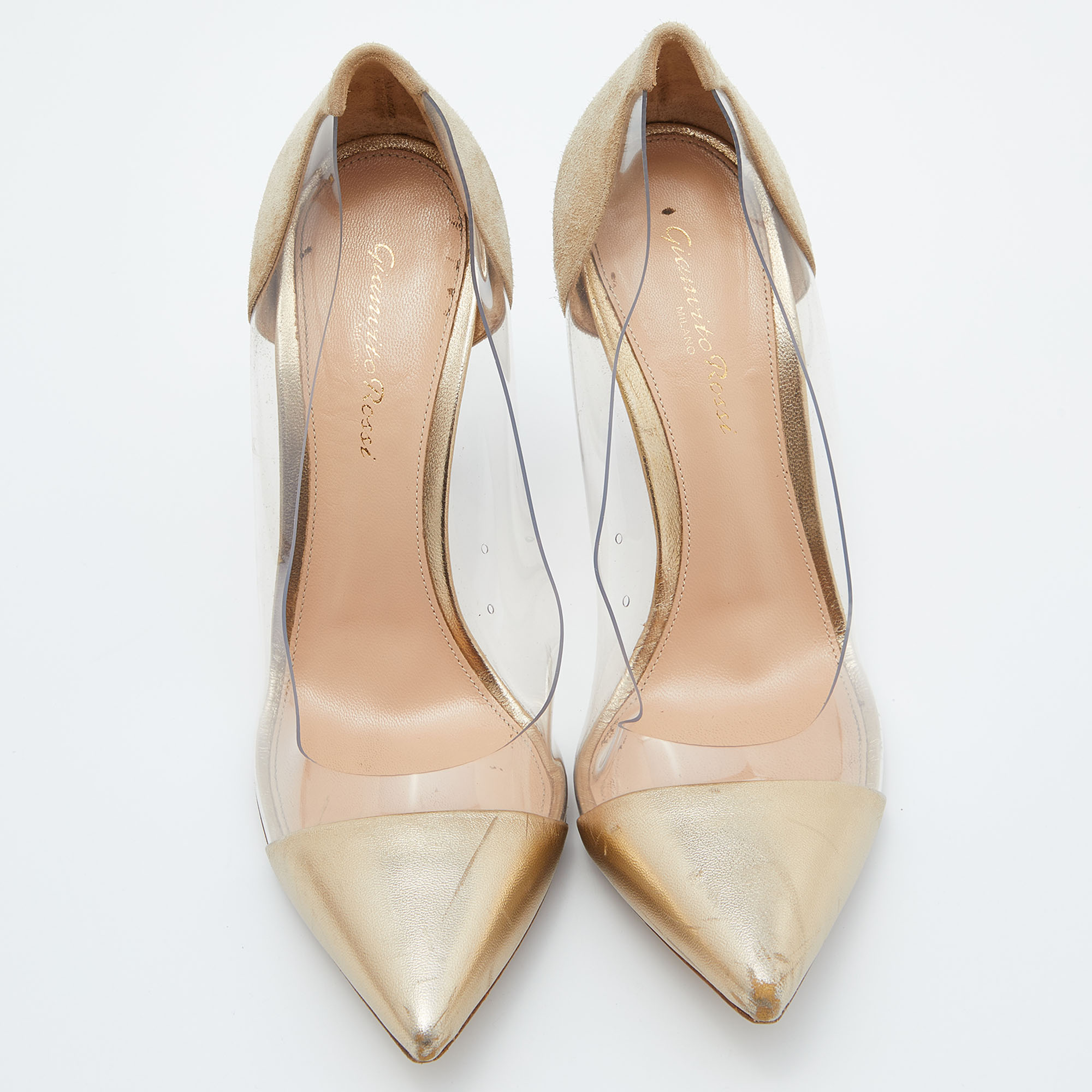 Gianvito Rossi Gold Leather, Suede And PVC Plexi Pumps Size 39