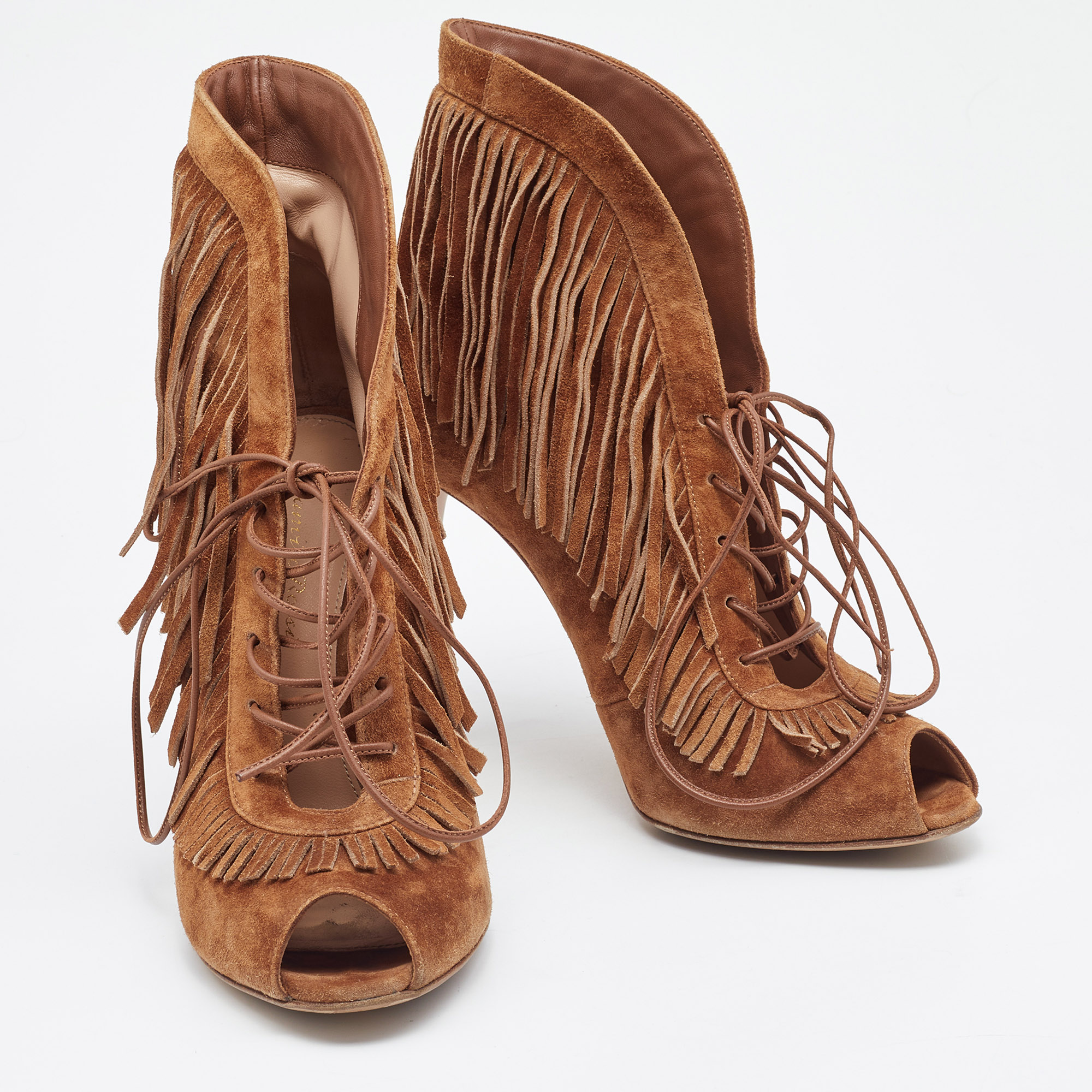 Gianvito Rossi Tan Suede Fringe Lace Up Ankle Booties Size 39
