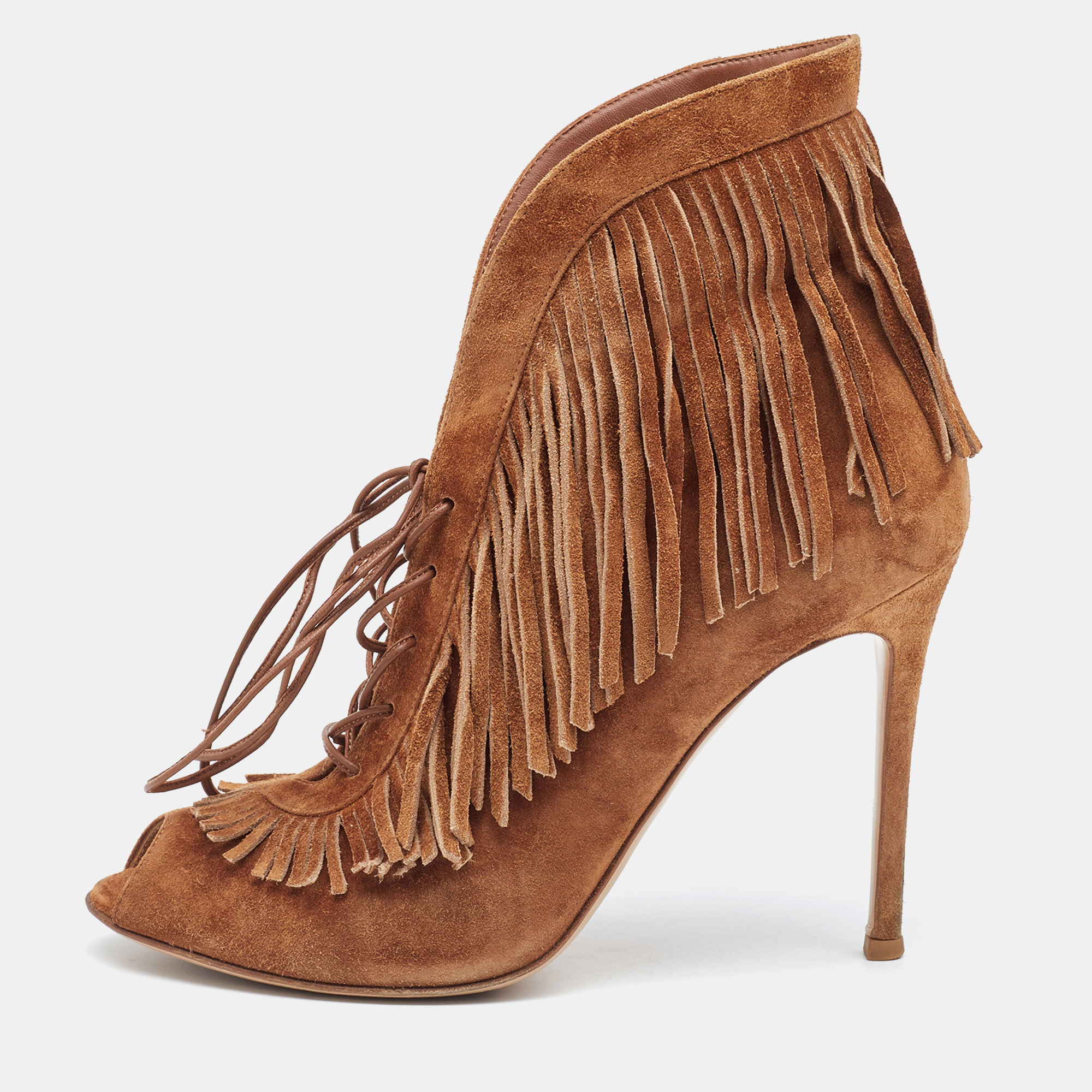 Gianvito Rossi Tan Suede Fringe Lace Up Ankle Booties Size 39