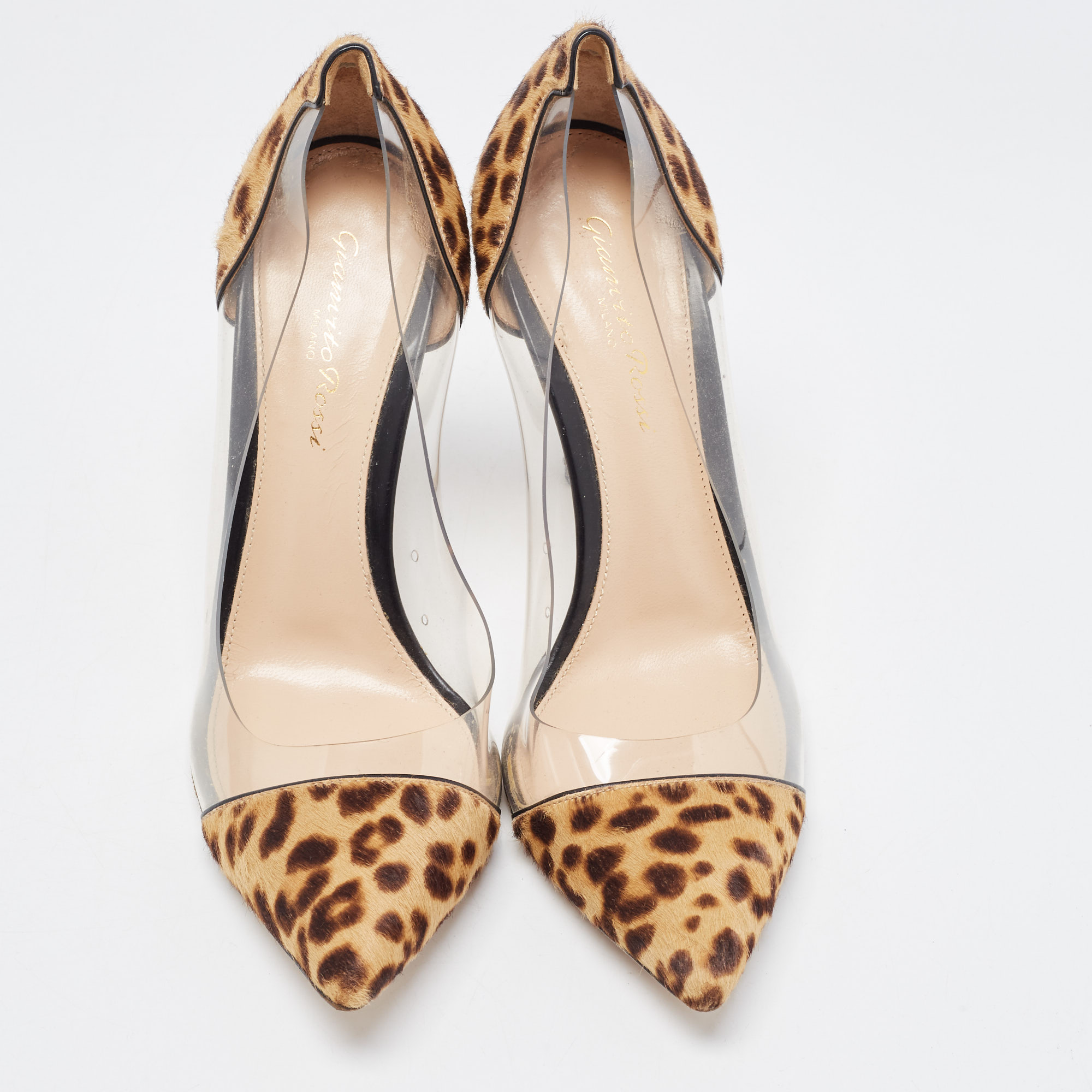 Gianvito Rossi Brown/Beige Leopard Print Calf Hair Plexi Pumps Size 37.5