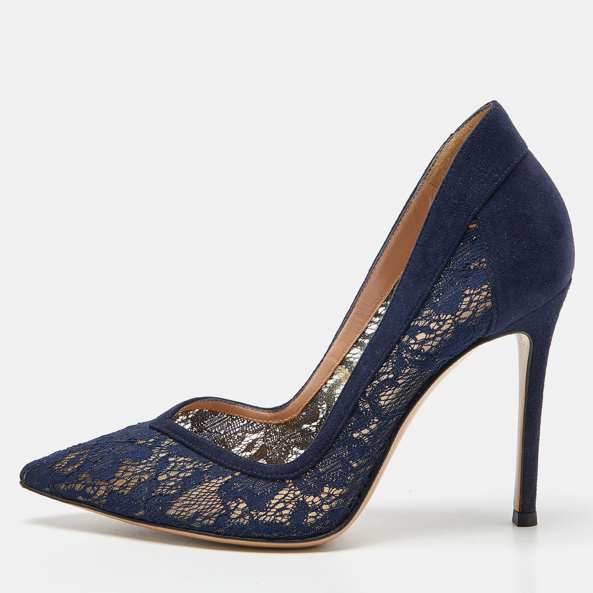 Gianvito Rossi Navy Blue Lace And Suede Pumps Size 36