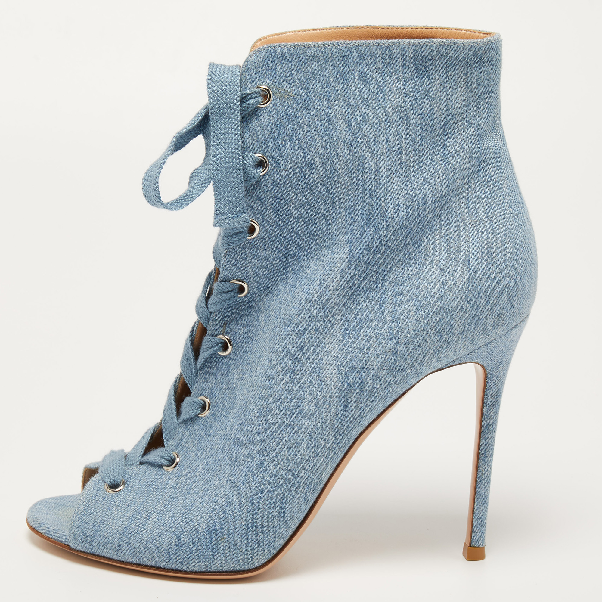 Gianvito Rossi Blue Denim Open Toe Lace Up Boots Size 41