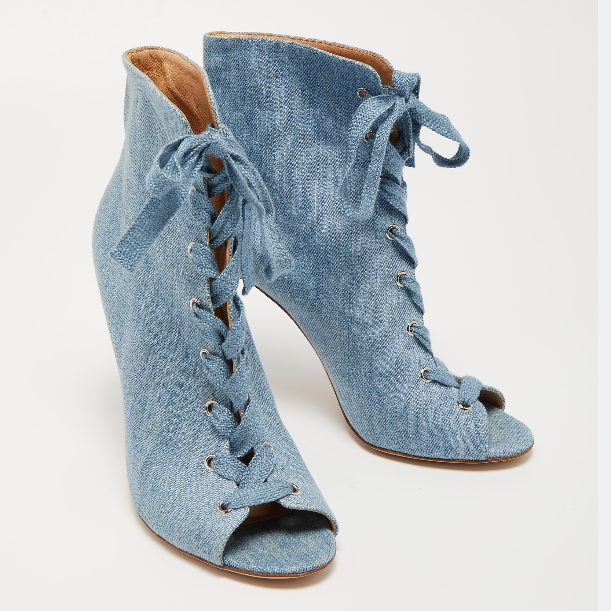 Gianvito Rossi Blue Denim Open Toe Lace Up Boots Size 41