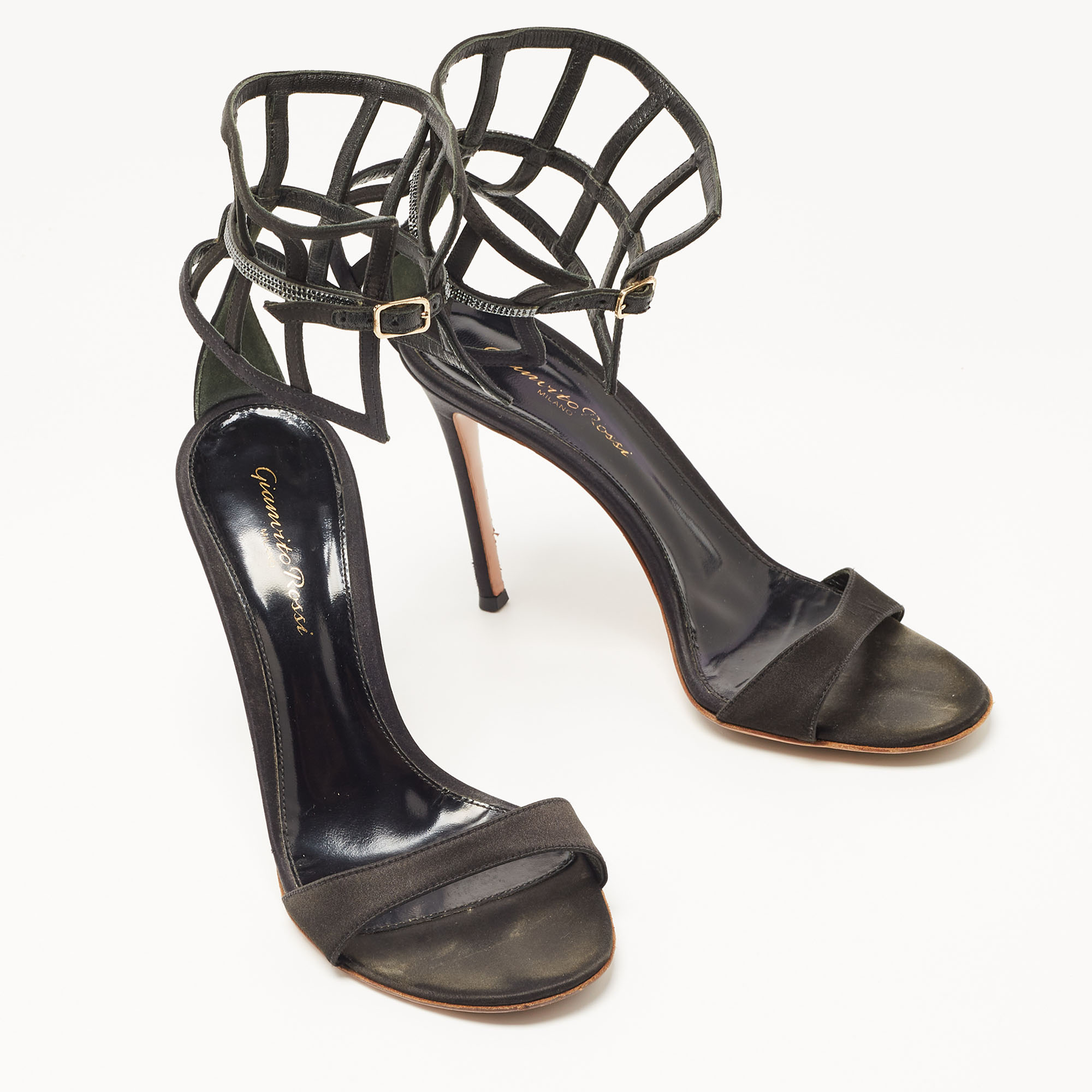 Gianvito Rossi Black Satin Crystal Embellished Ankle Strap Sandals Size 37.5