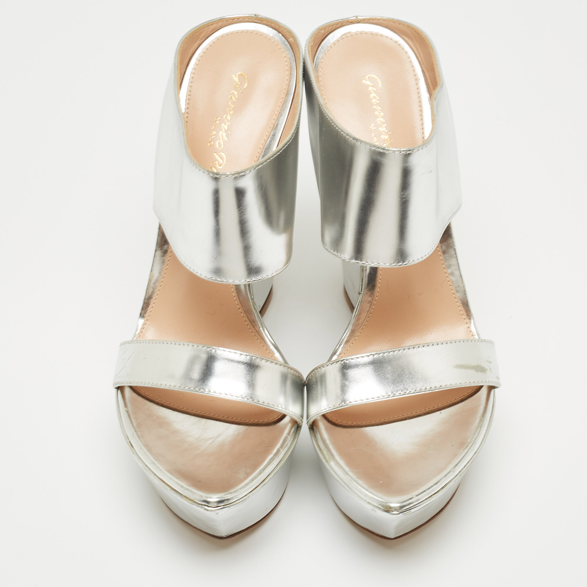 Gianvito Rossi Silver Leather Wedge Slide Sandals Size 36