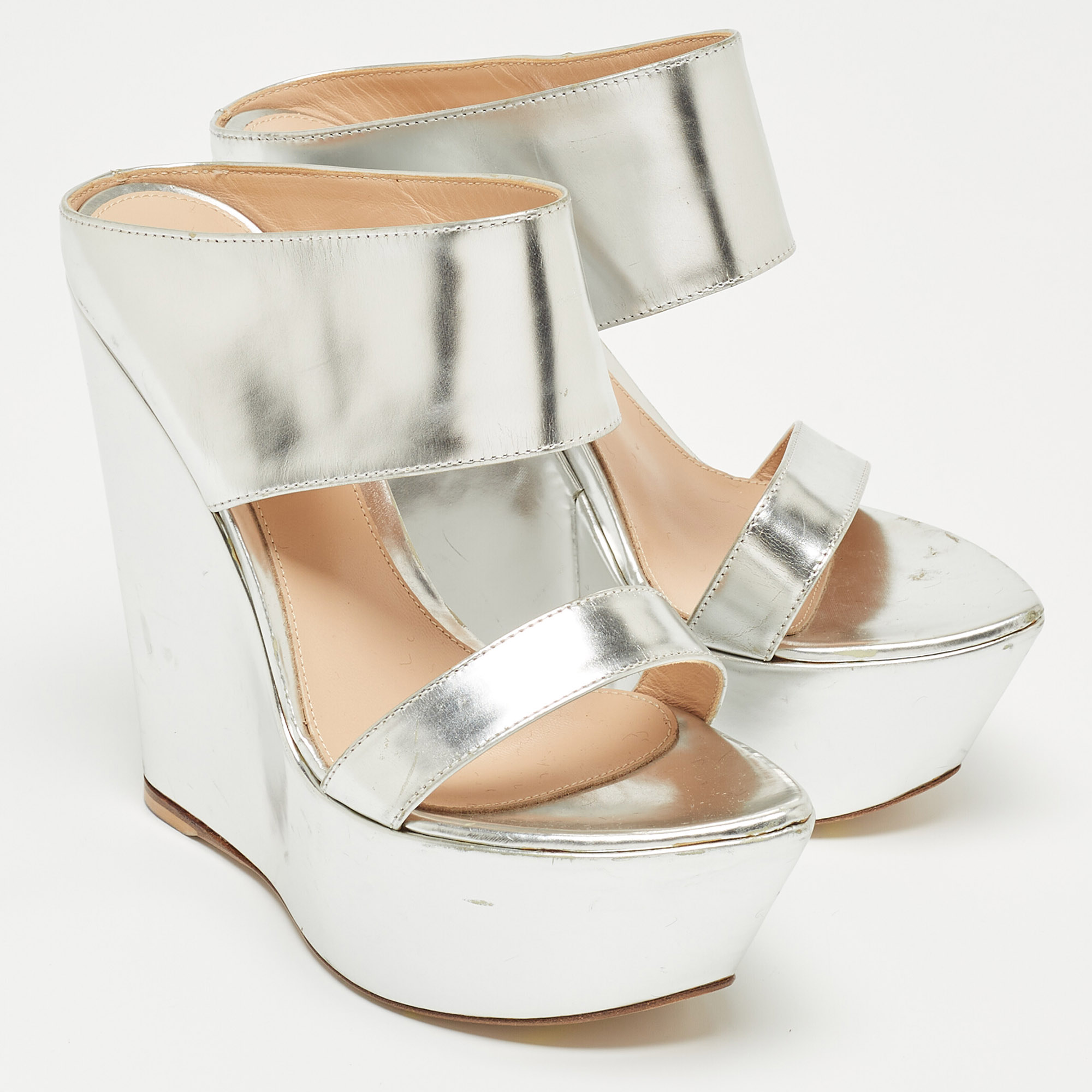 Gianvito Rossi Silver Leather Wedge Slide Sandals Size 36