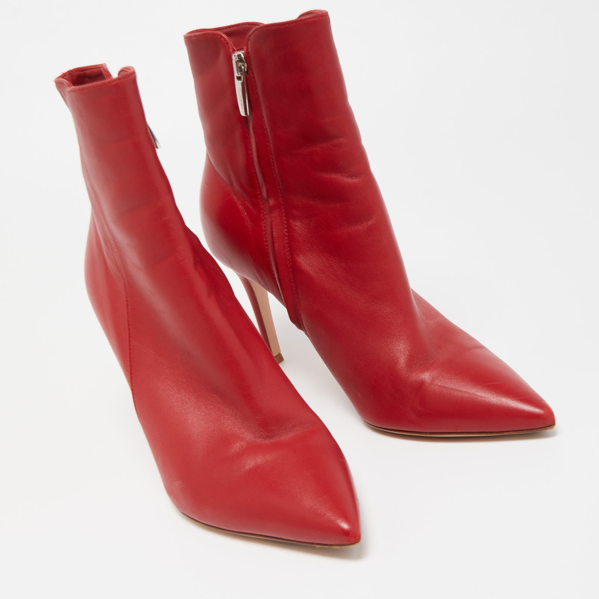 Gianvito Rossi Red Leather Pointed Toe Ankle Length Boots Size 37.5