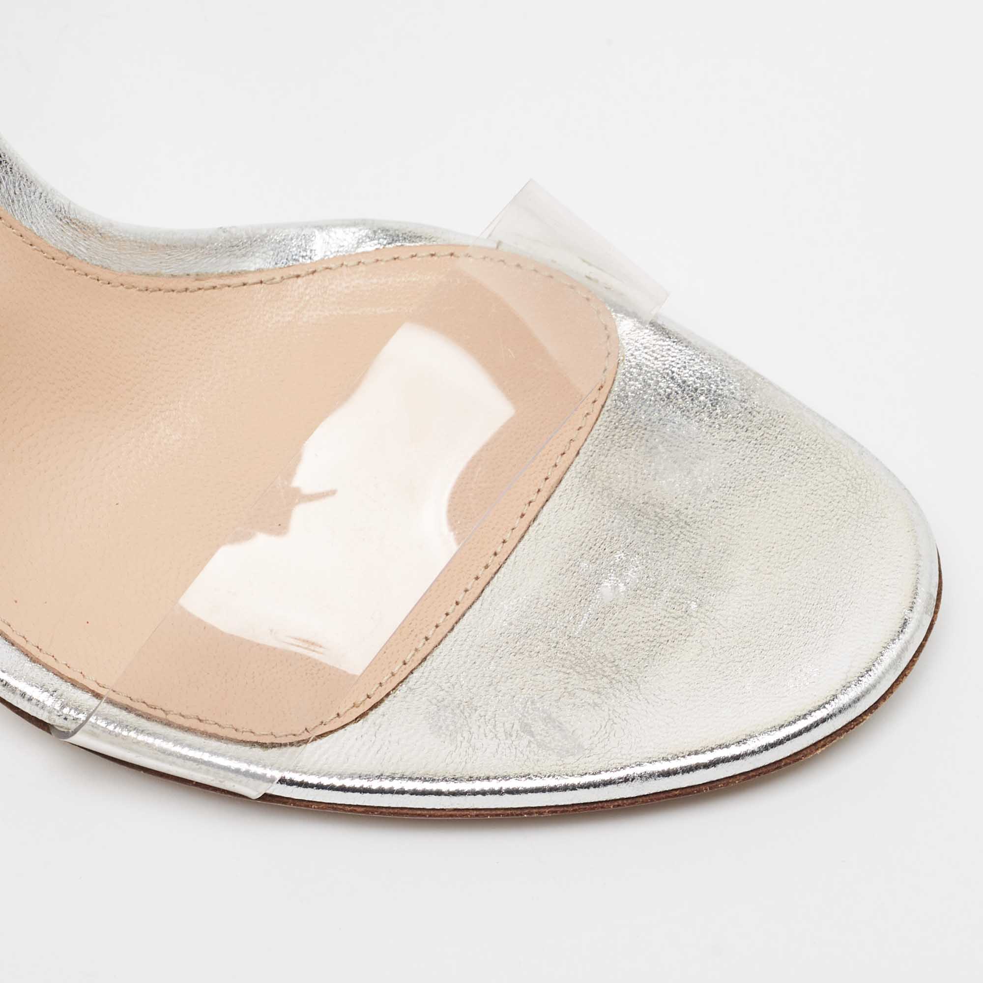 Gianvito Rossi Metallic Silver Leather And PVC Portofino Ankle Strap Sandals Size 38.5
