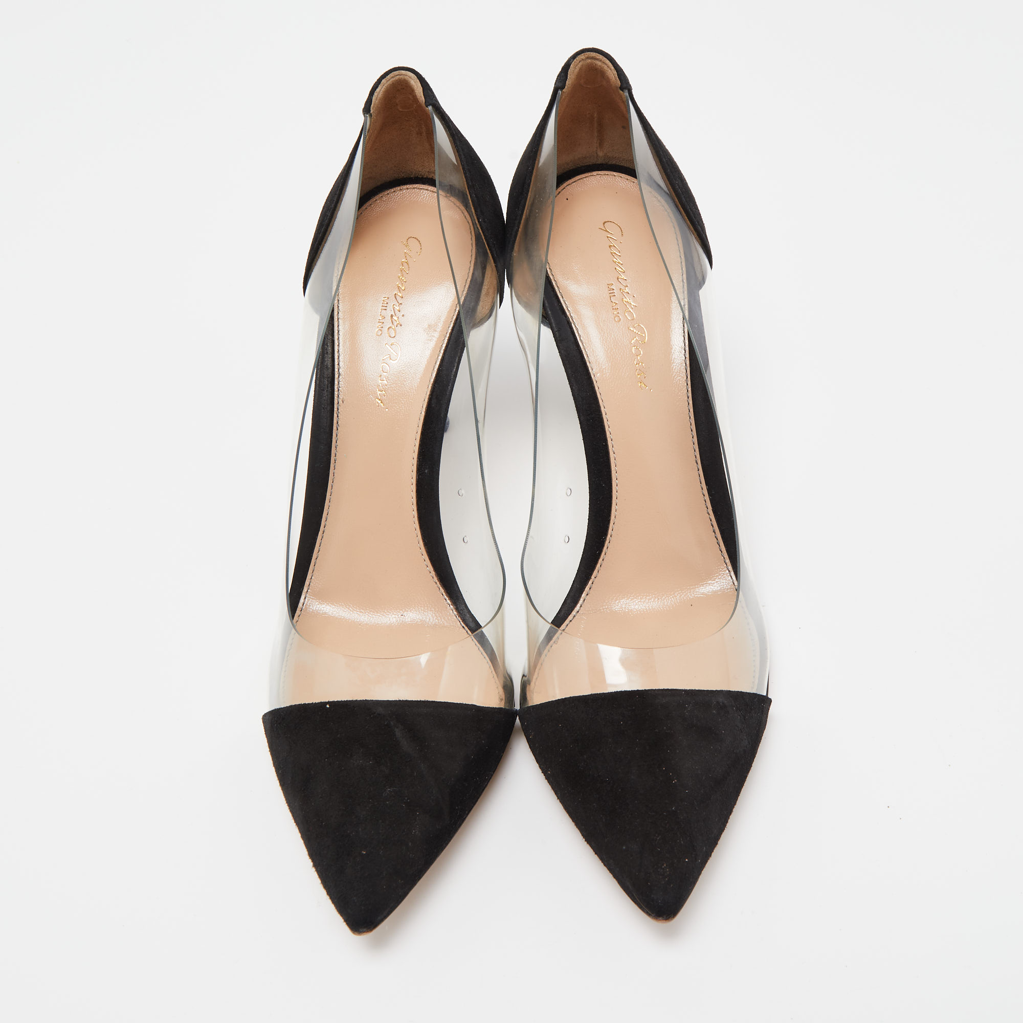 Gianvito Rossi Black Suede And PVC Plexi Pointed Toe Pumps Size 36.5