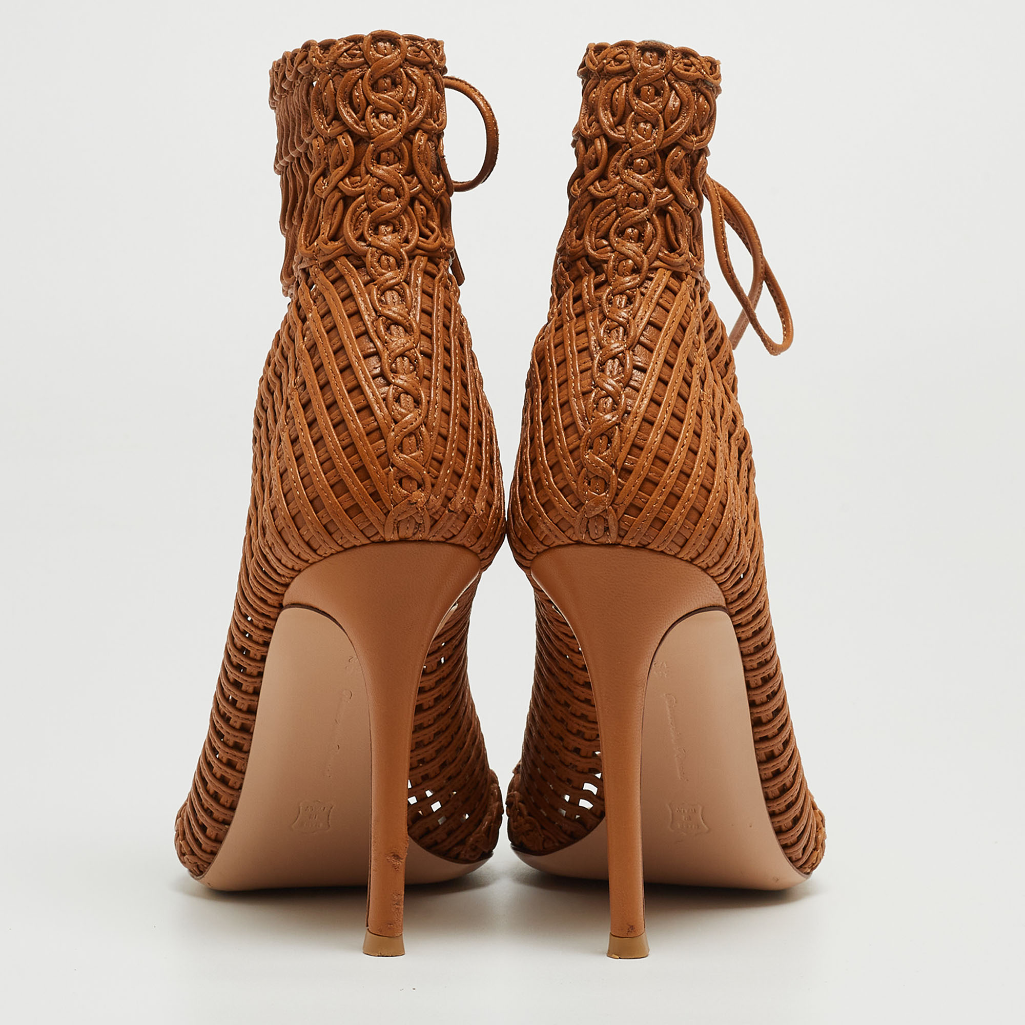 Gianvito Rossi Tan Woven Leather Marnie Ankle Booties Size 36.5