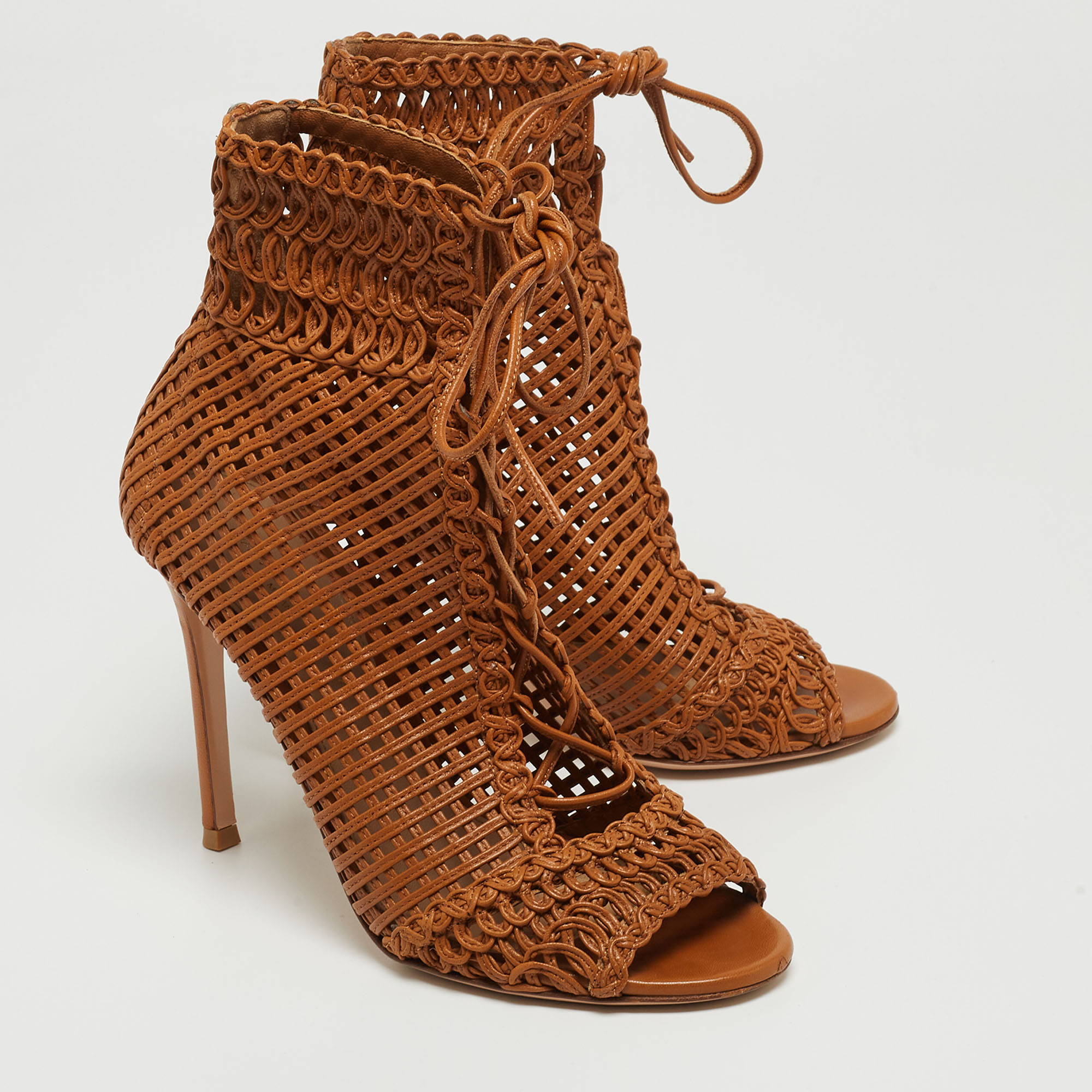 Gianvito Rossi Tan Woven Leather Marnie Ankle Booties Size 36.5
