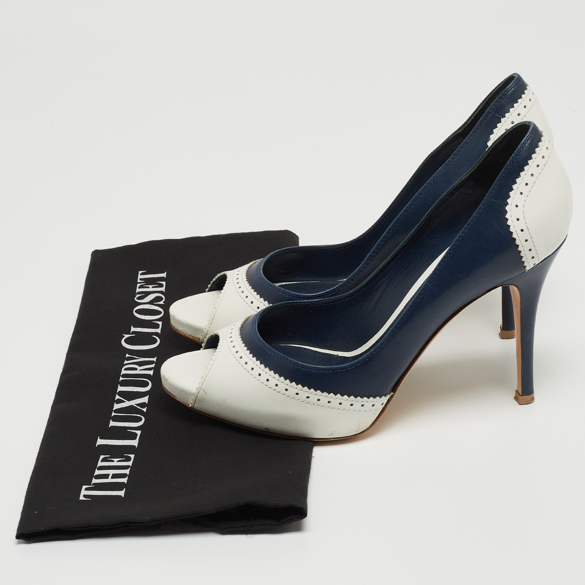 Gianvito Rossi Blue/White Leather Peep Toe Pumps Size 36.5